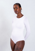 white organic cotton crew neck long sleeve bodysuit