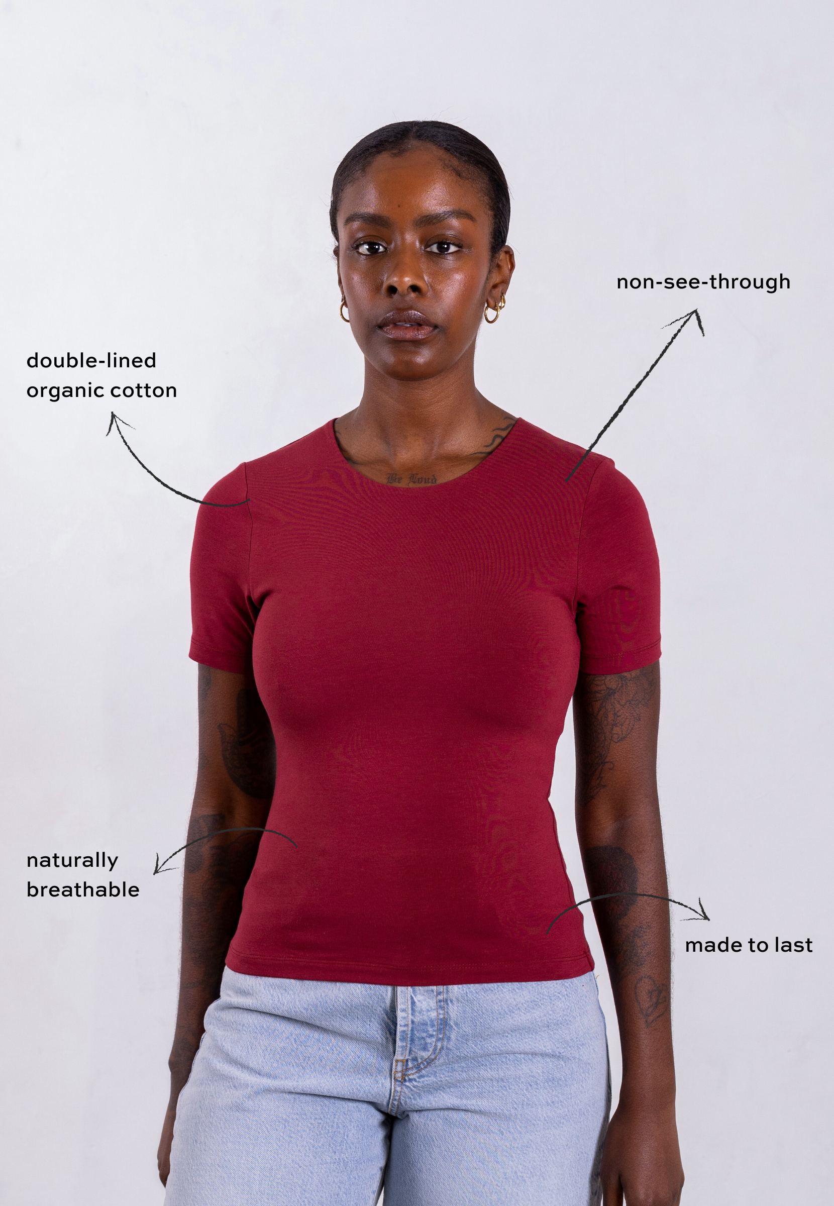 organic cotton t-shirt, ruby wine, front + features