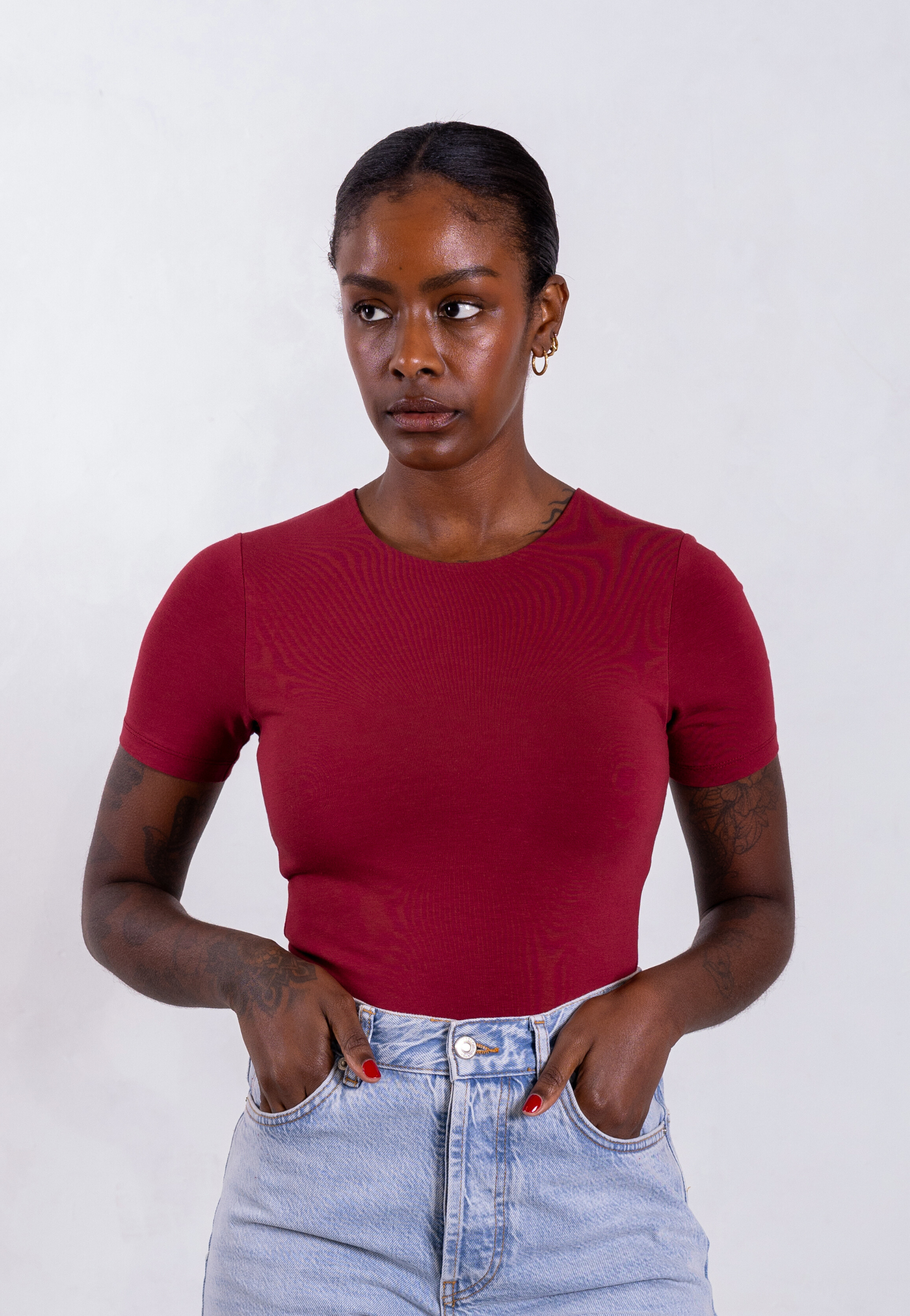 organic cotton t-shirt, ruby wine, front