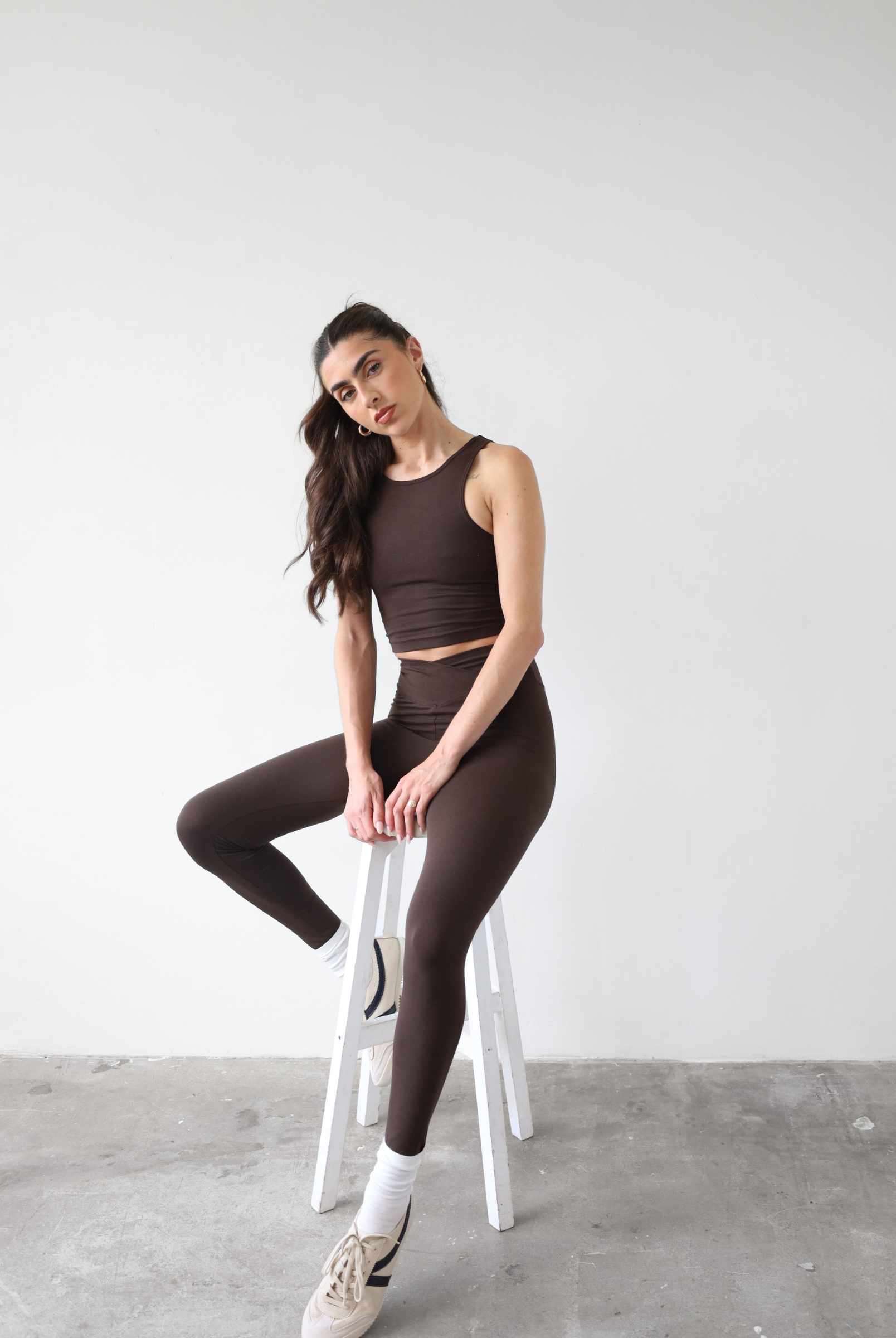 organic cotton brown wrap waist leggings, front