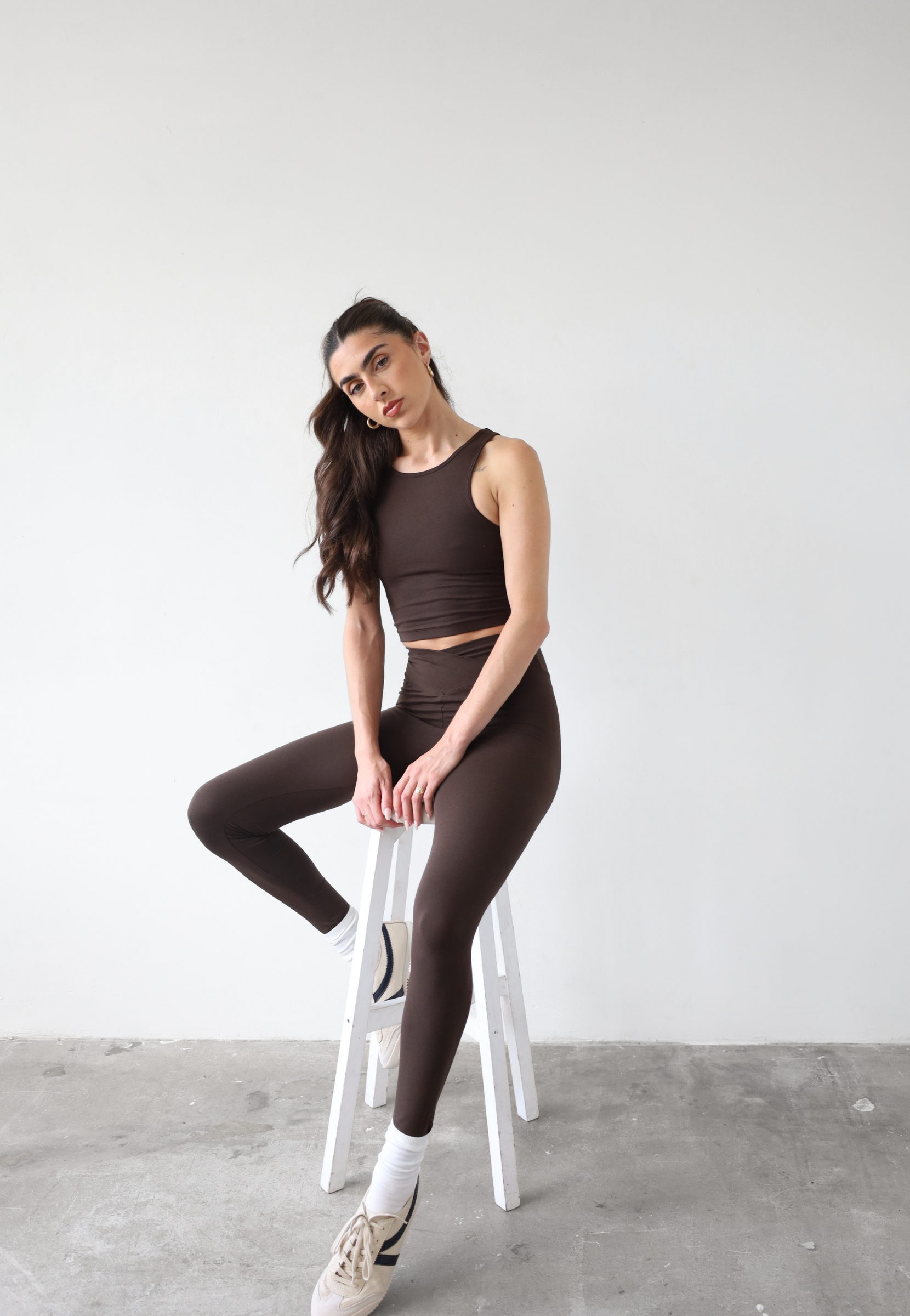 organic cotton brown wrap waist leggings, front