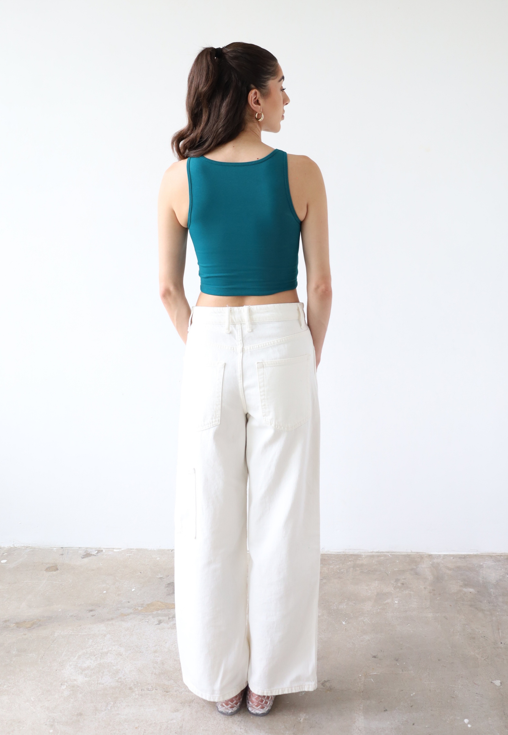 Organic cotton teal high neck tank top, back