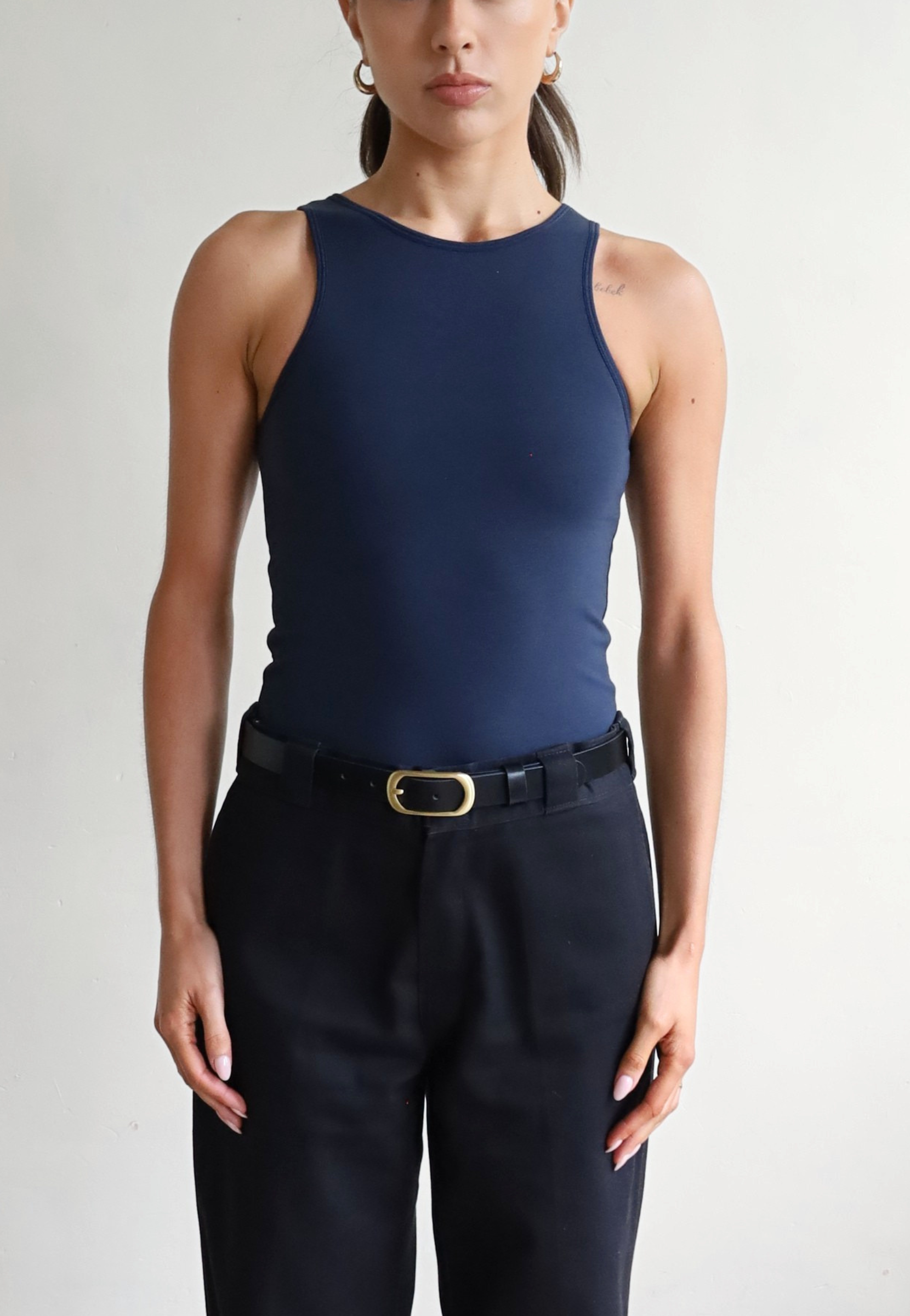 Womens organic cotton high neck tank top, Navy Blue