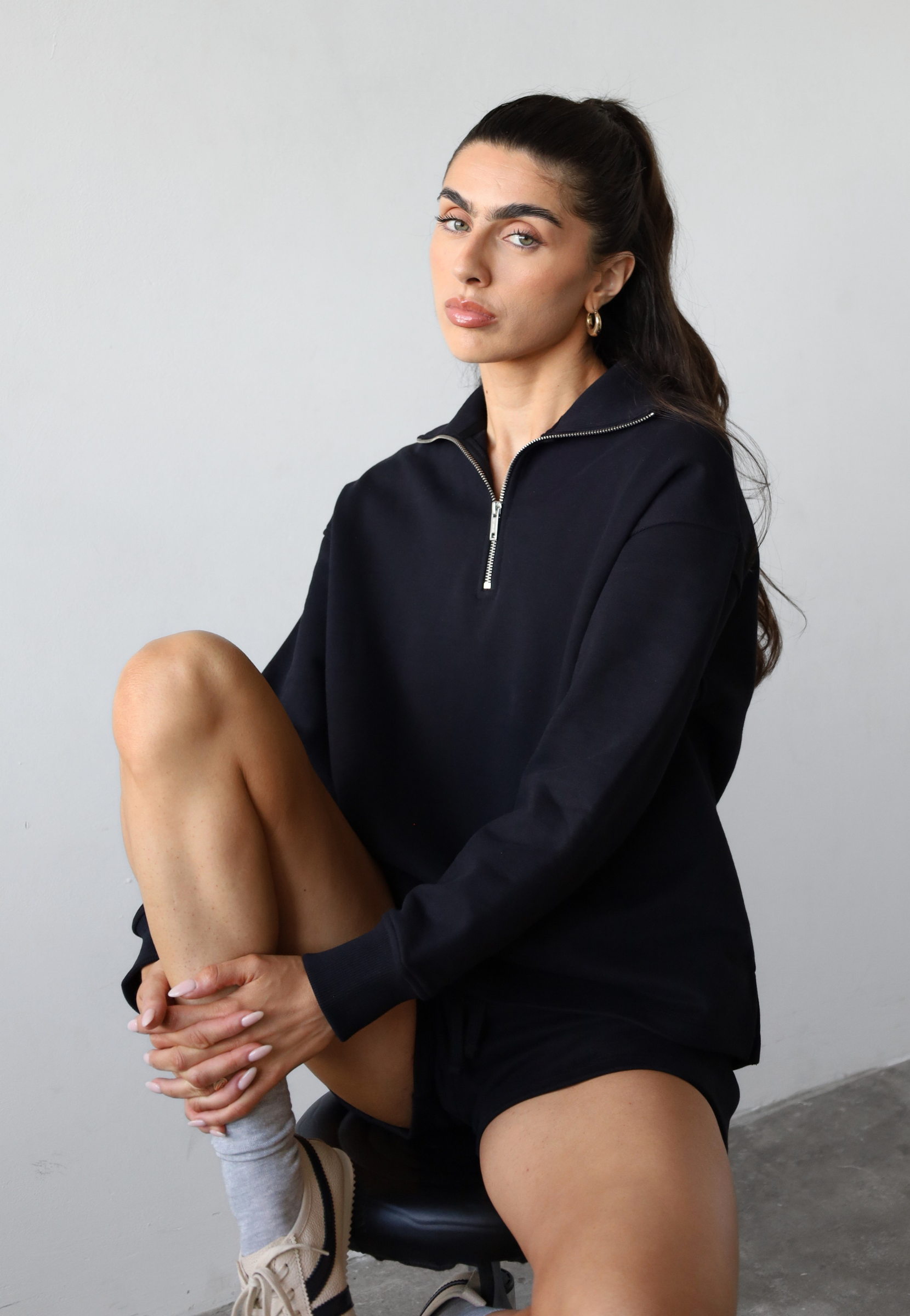 Organic Cotton Quarter Zip Sweatshirt, Black, Front