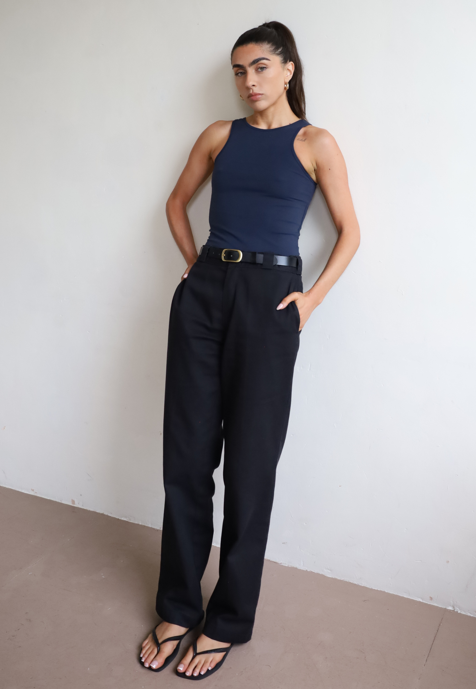 Womens organic cotton high neck tank top, Navy Blue