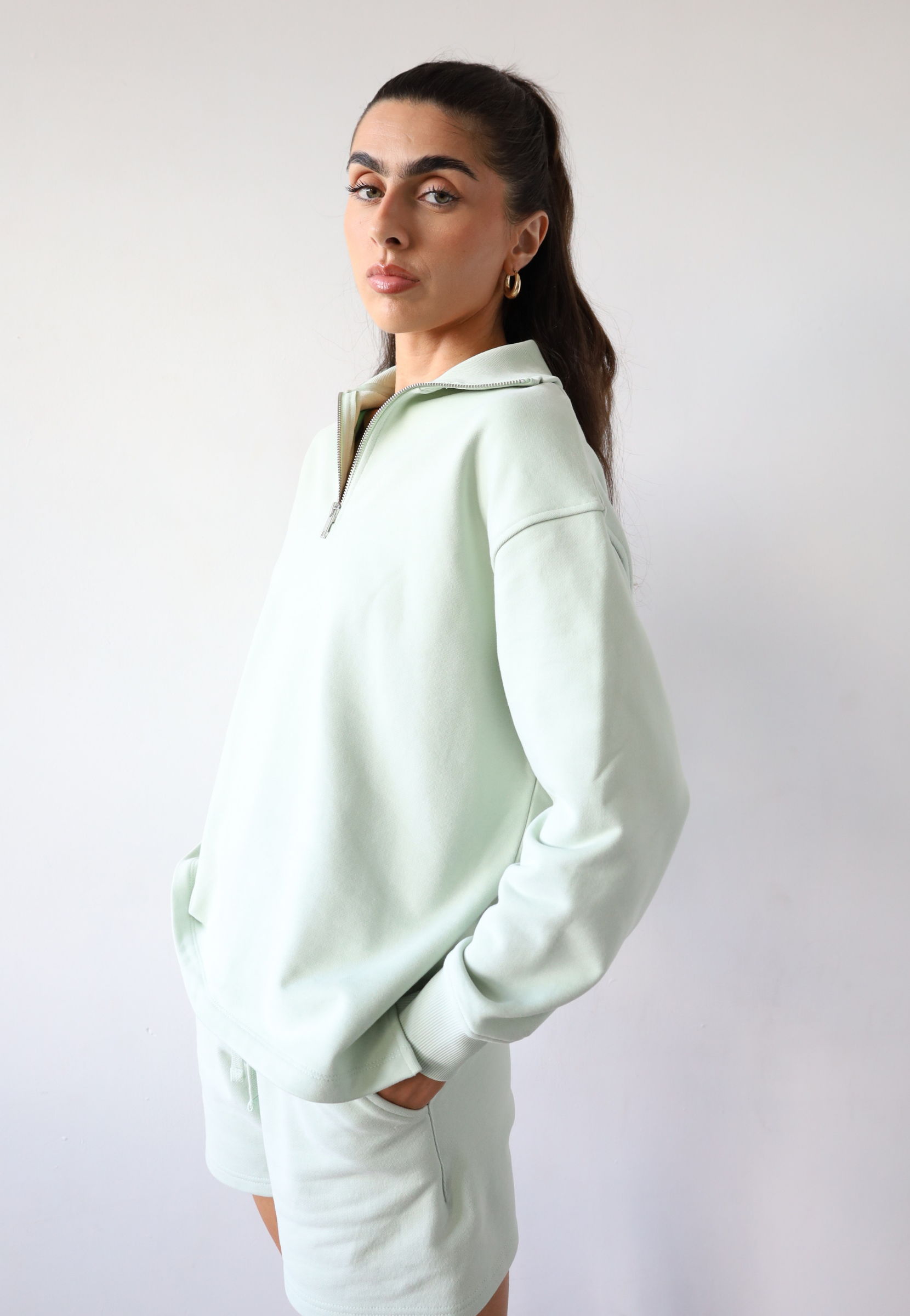 Organic Cotton Quarter Zip Sweatshirt, Light Green, Side
