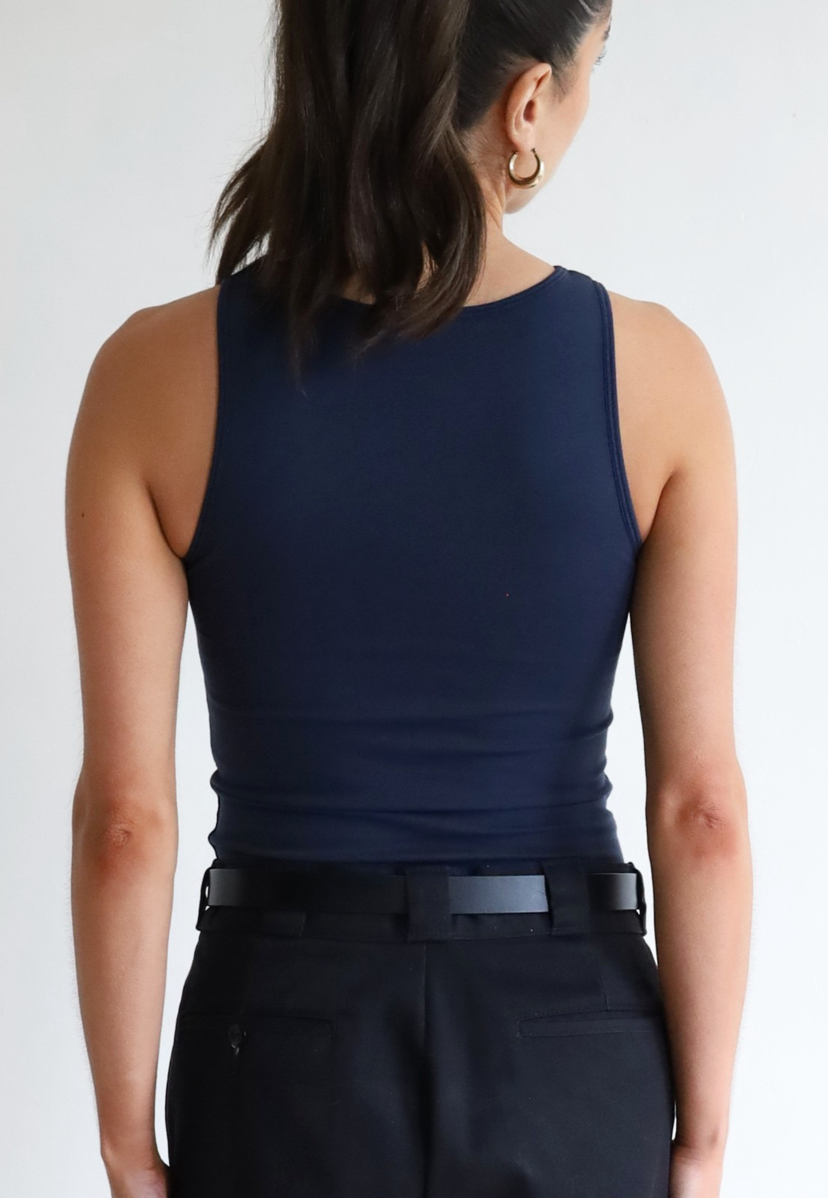 Womens organic cotton high neck tank top, Navy Blue 