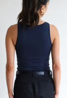 Womens organic cotton high neck tank top, Navy Blue 
