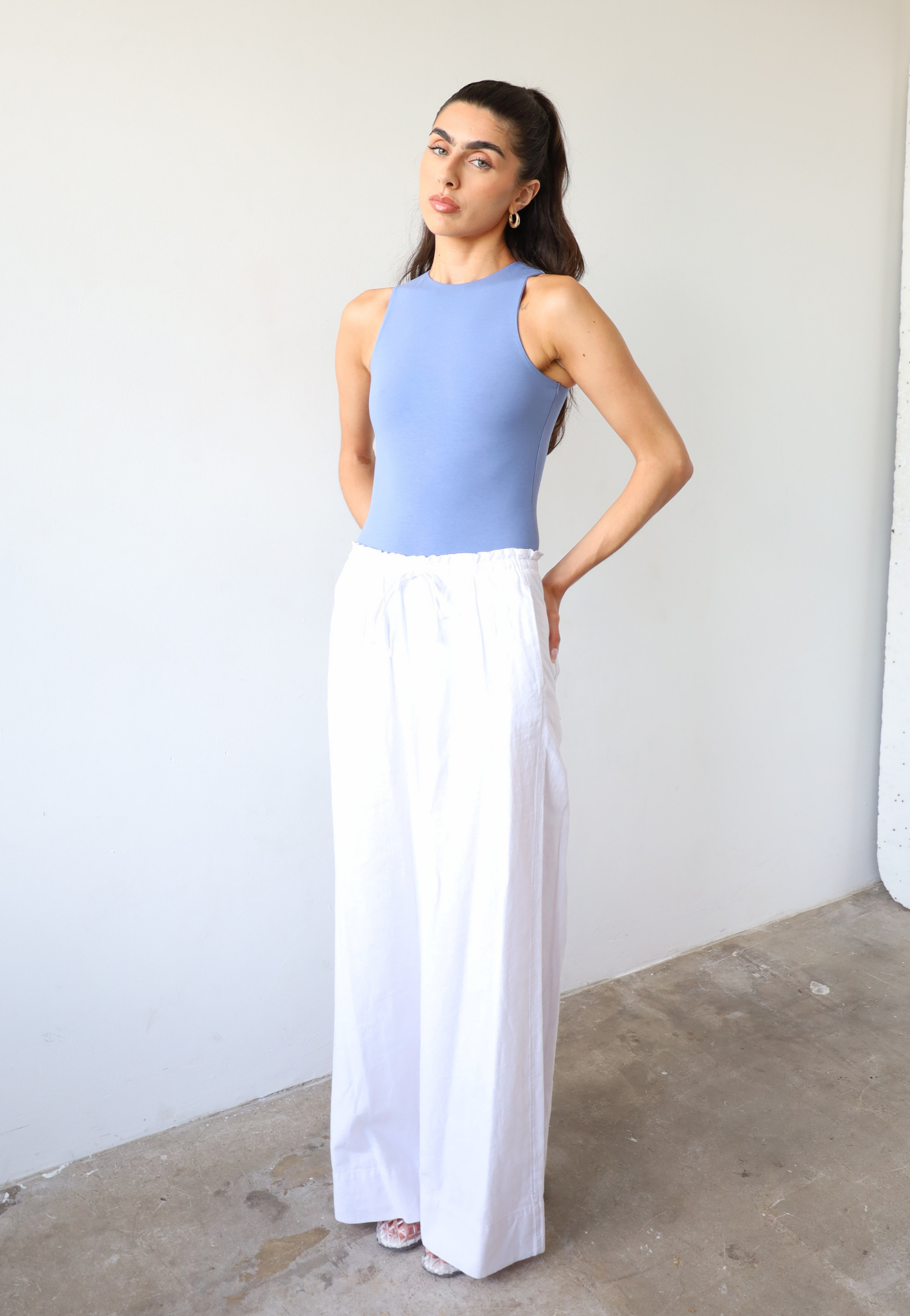 Organic Cotton High-Neck Sleeveless Bodysuit, Light Blue, Front