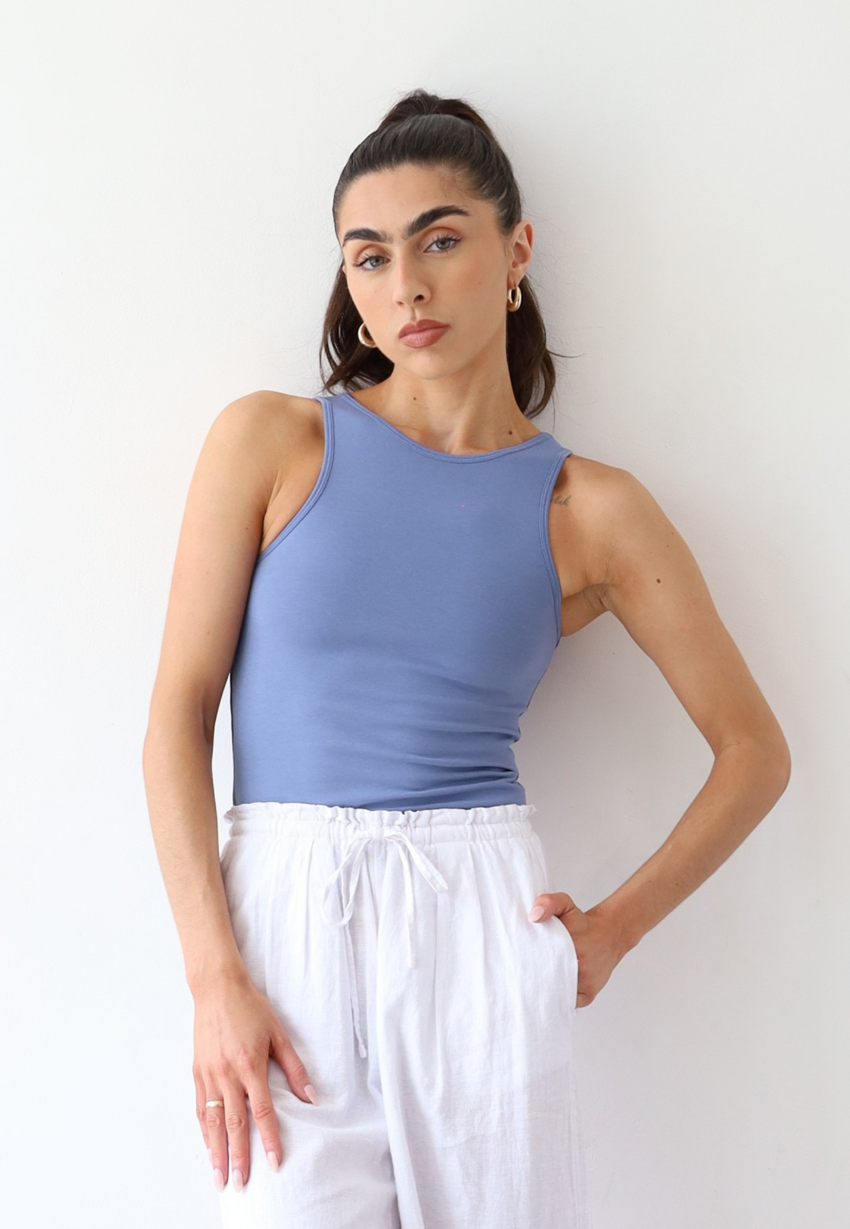 Organic cotton high neck tank top, light blue, front