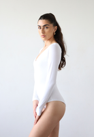 Organic cotton long sleeve v-neck bodysuit, white, front 