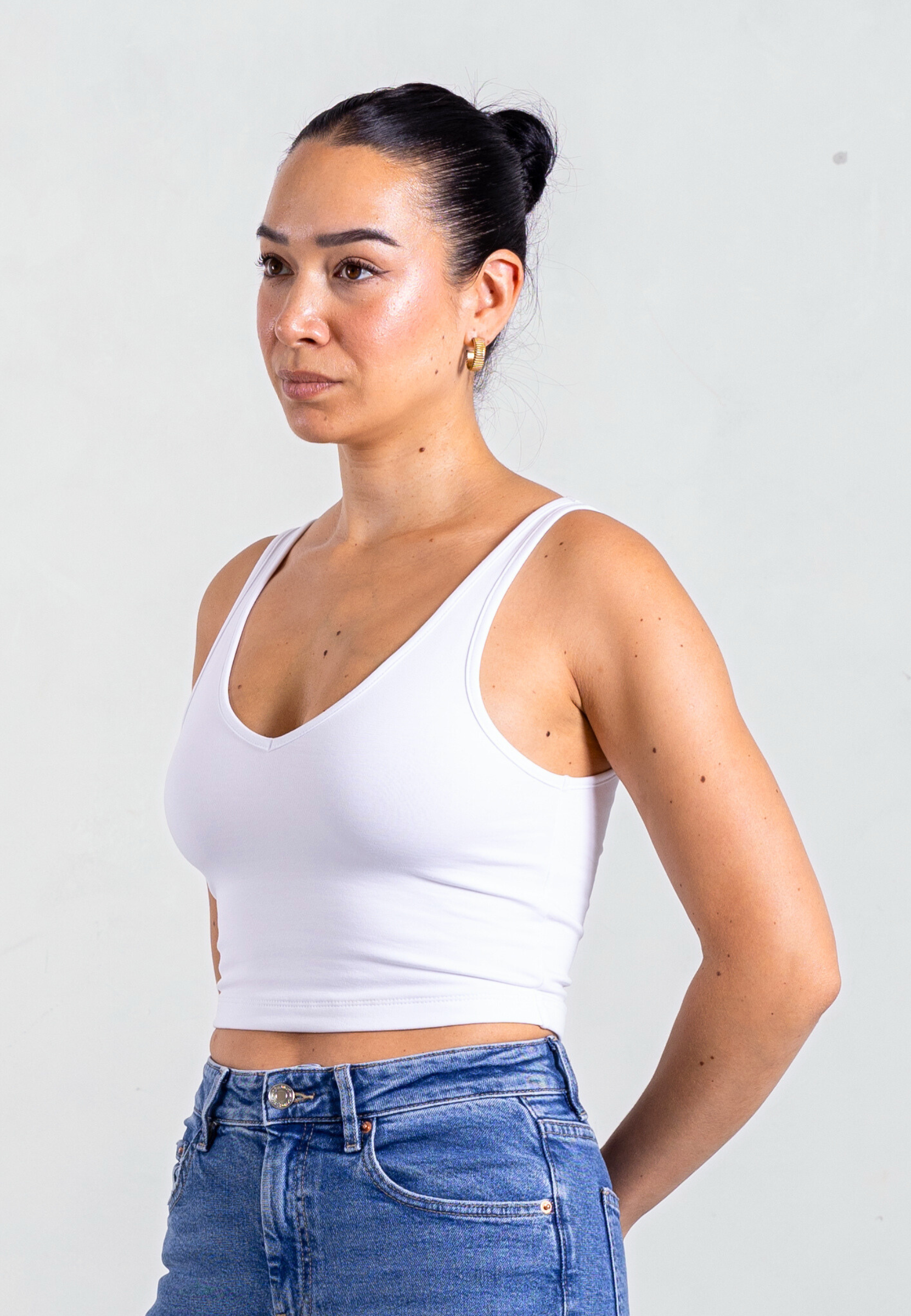 Side V-neck Crop Tank, White 