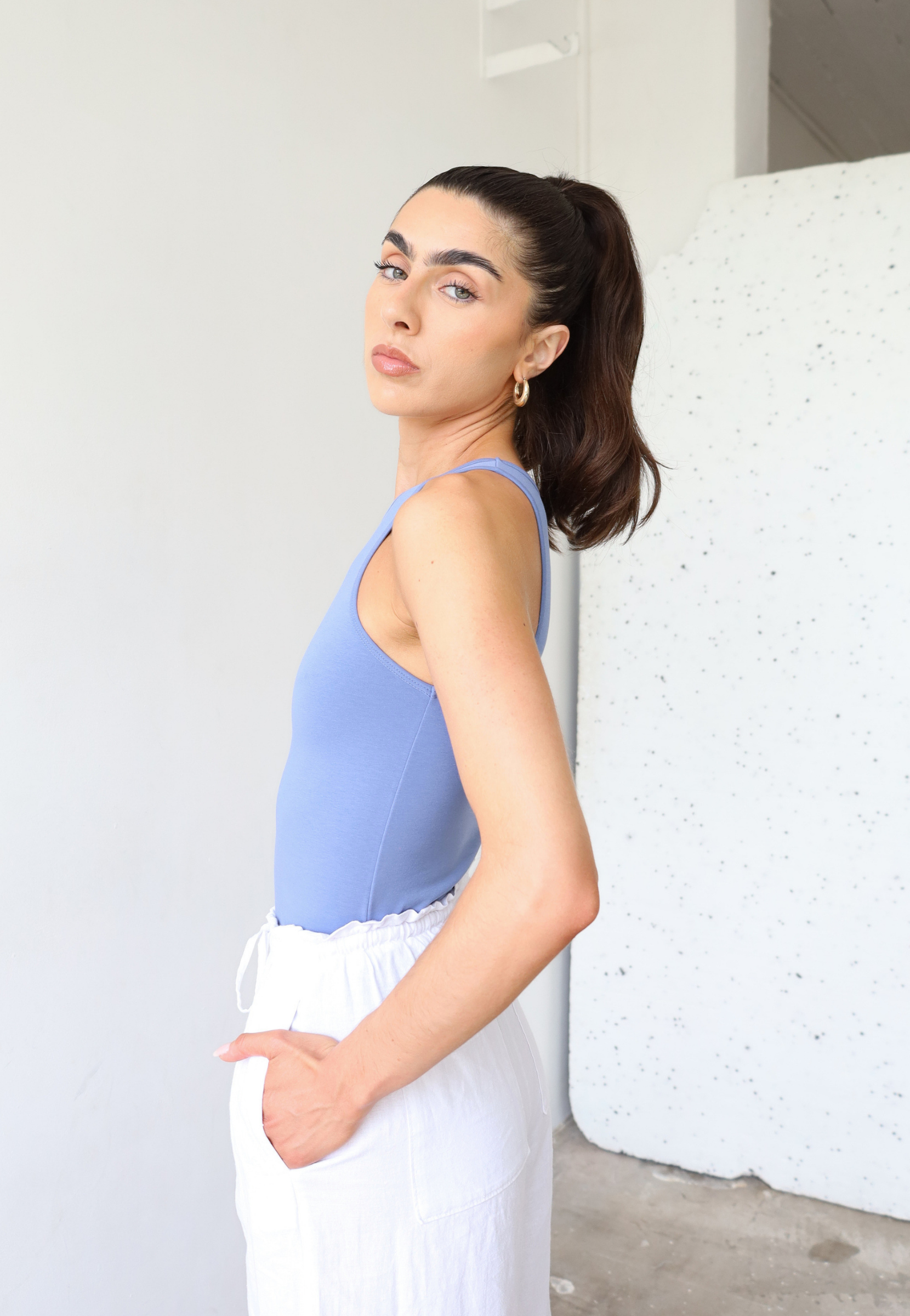 Organic cotton high neck tank top, light blue, side