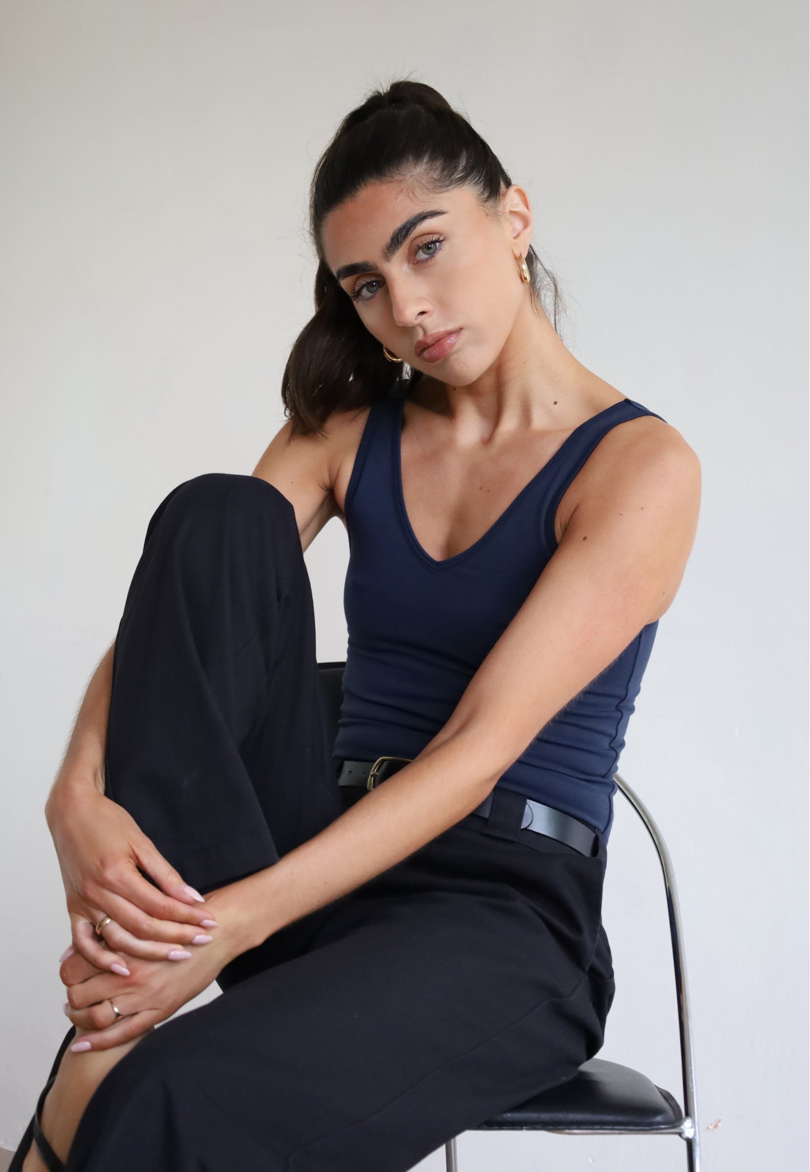 Womens organic cotton v-neck tank top, navy blue 