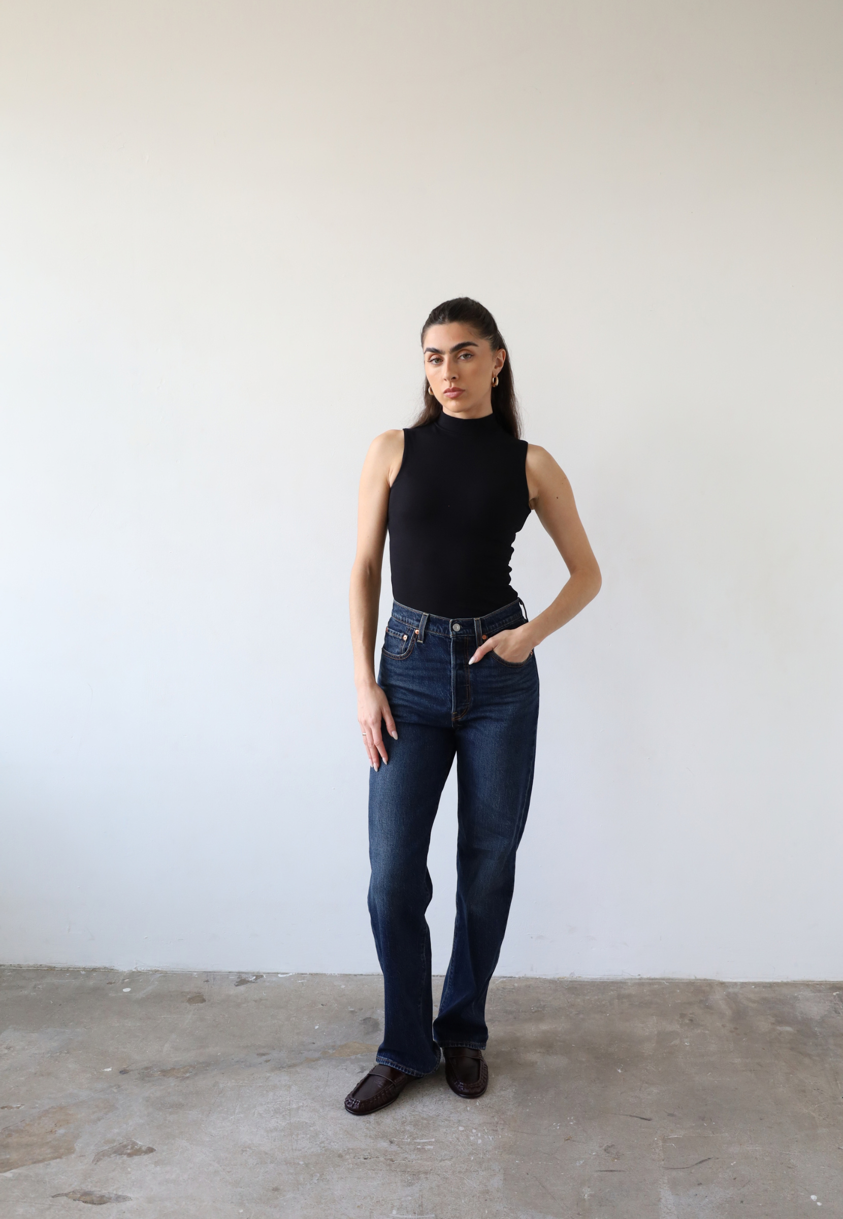 Organic cotton sleeveless turtleneck top, black, front 