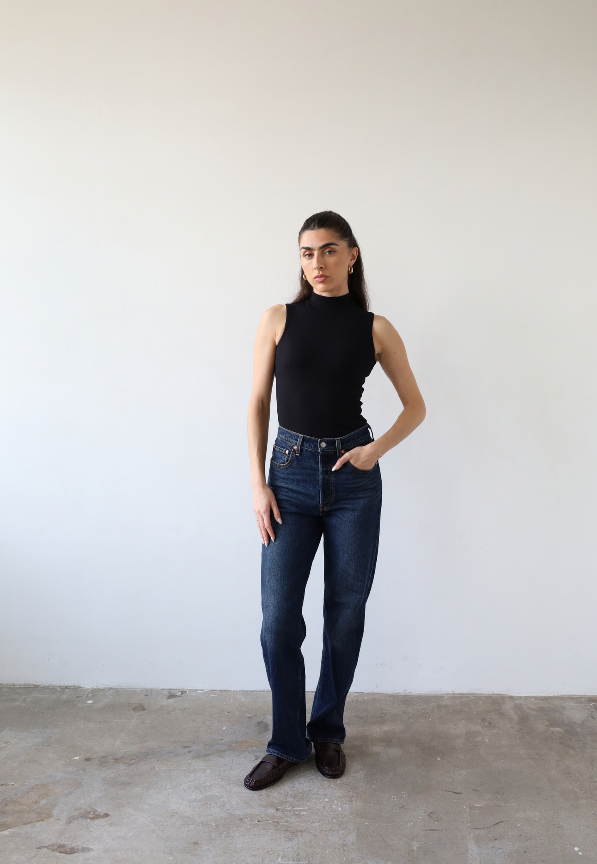 Organic cotton sleeveless turtleneck top, black, front 