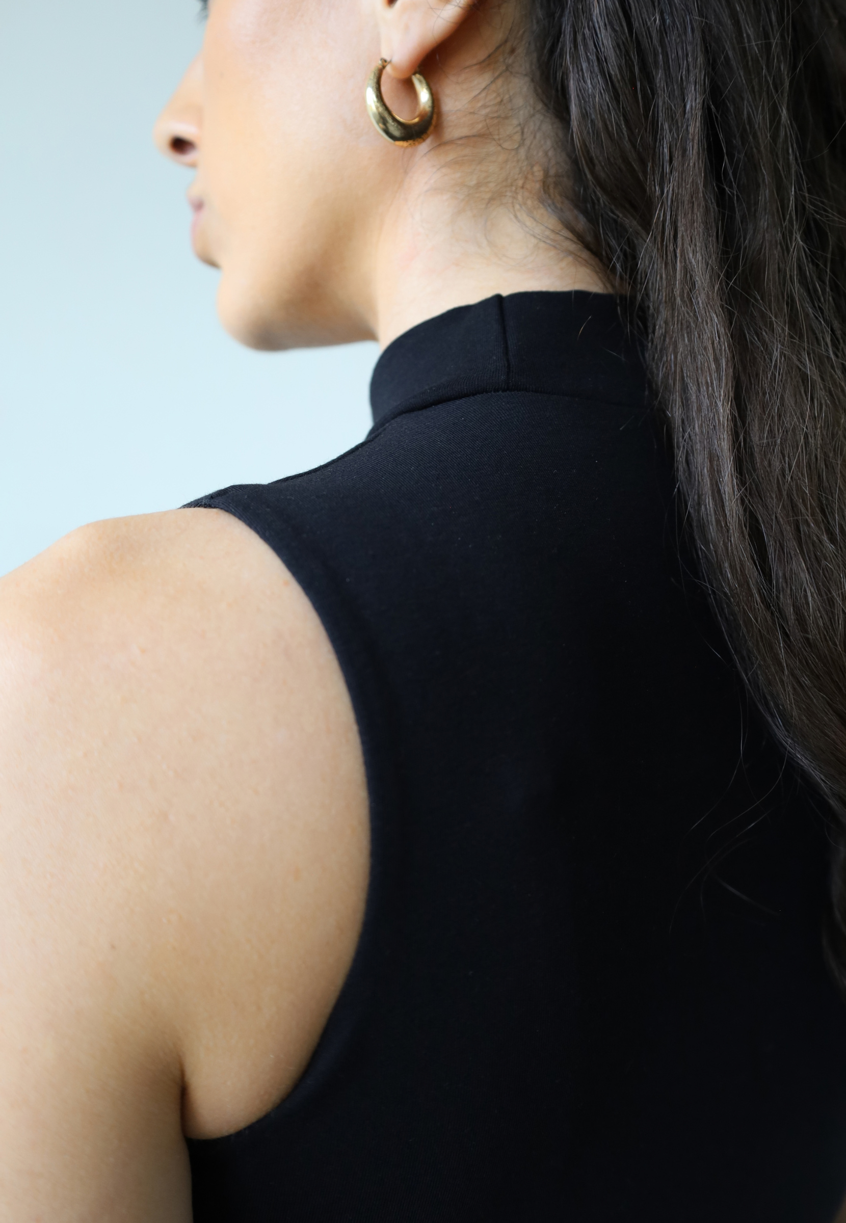 Organic cotton sleeveless turtleneck top, black, back detail 