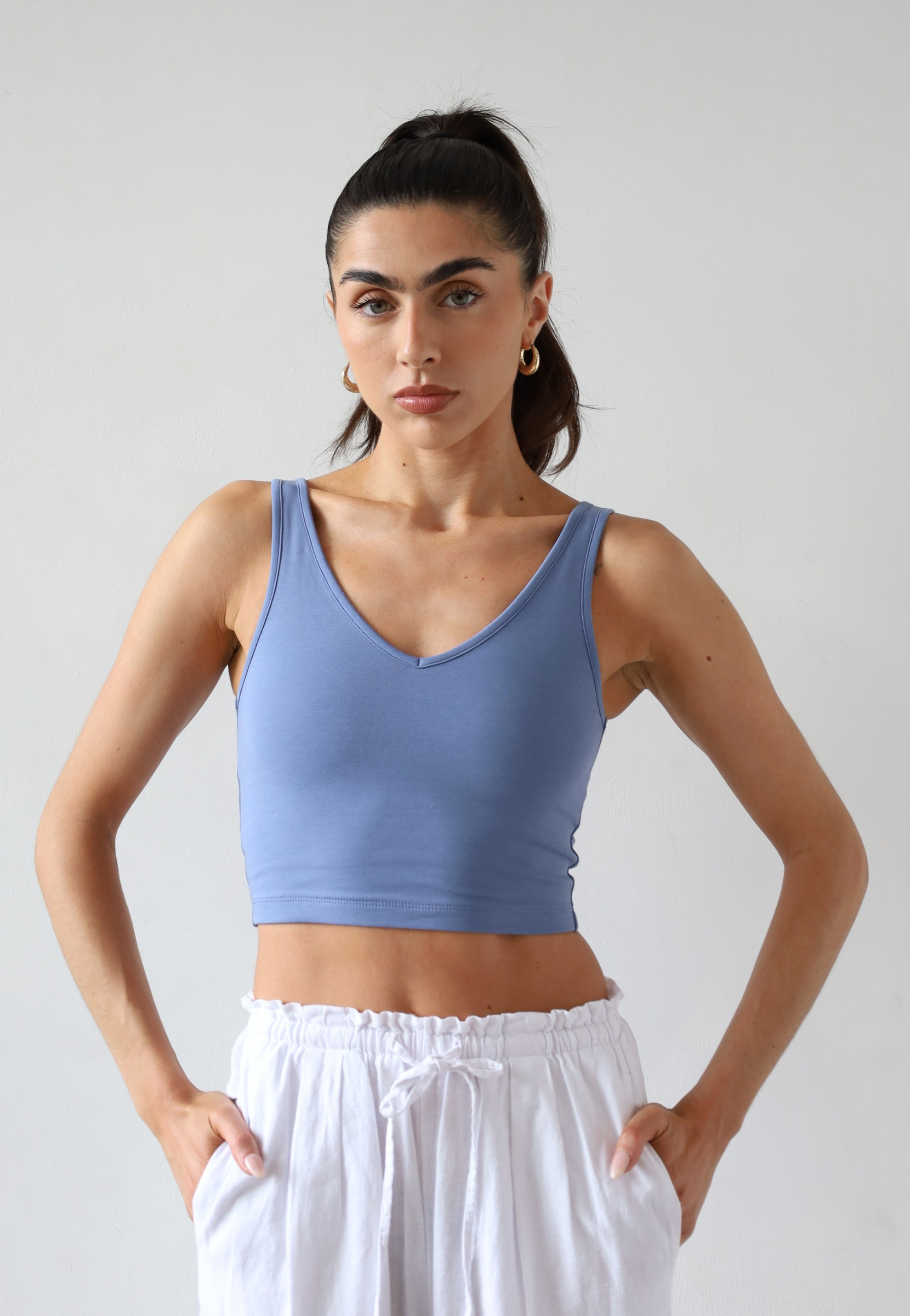Organic Cotton V-neck Cropped tank top, Light Blue, Front 