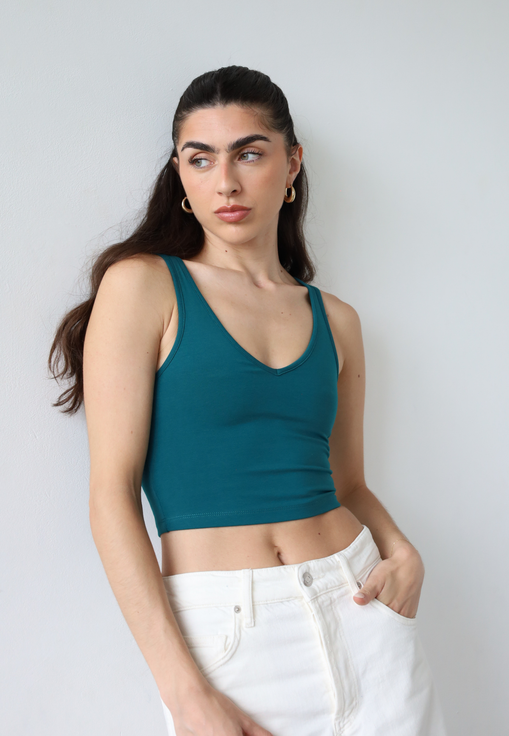 Teal organic cotton v-neck cropped tank top, front 