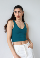 Teal organic cotton v-neck cropped tank top, front 