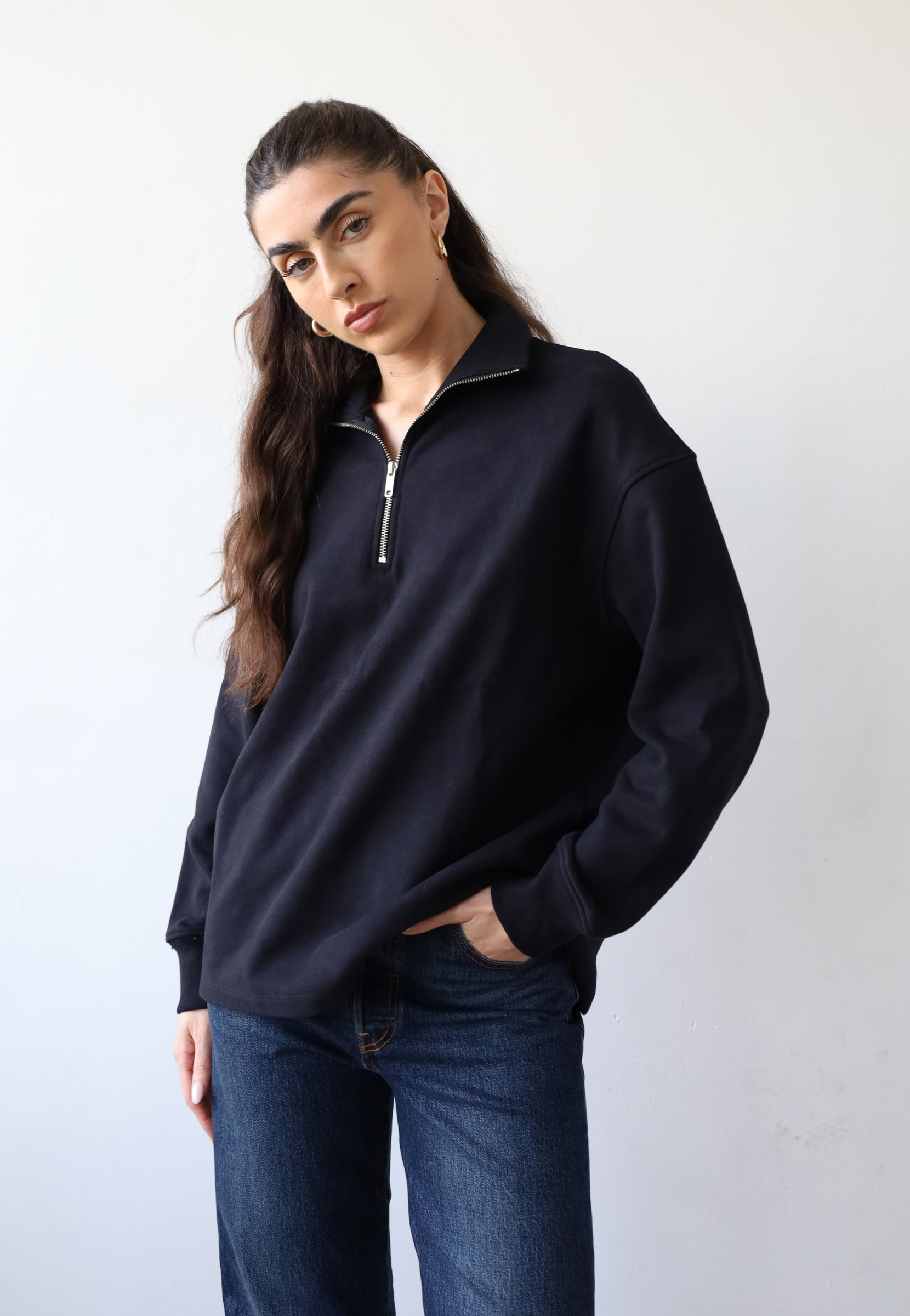 Organic cotton quarter-zip sweatshirt, black, front 