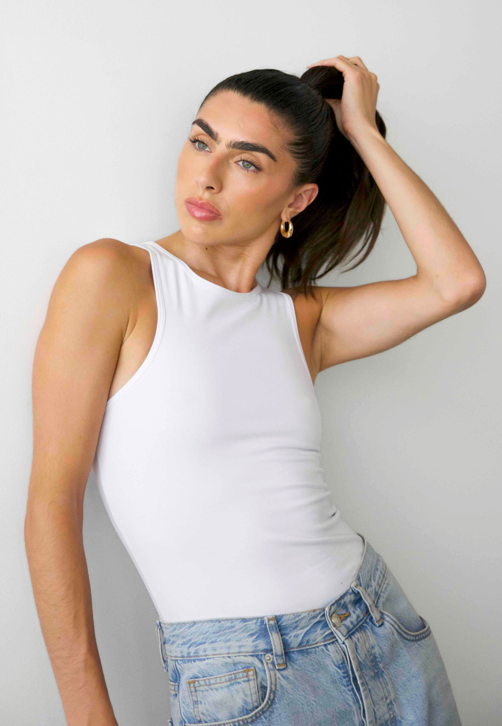 organic cotton full length high neck tank, White, front 