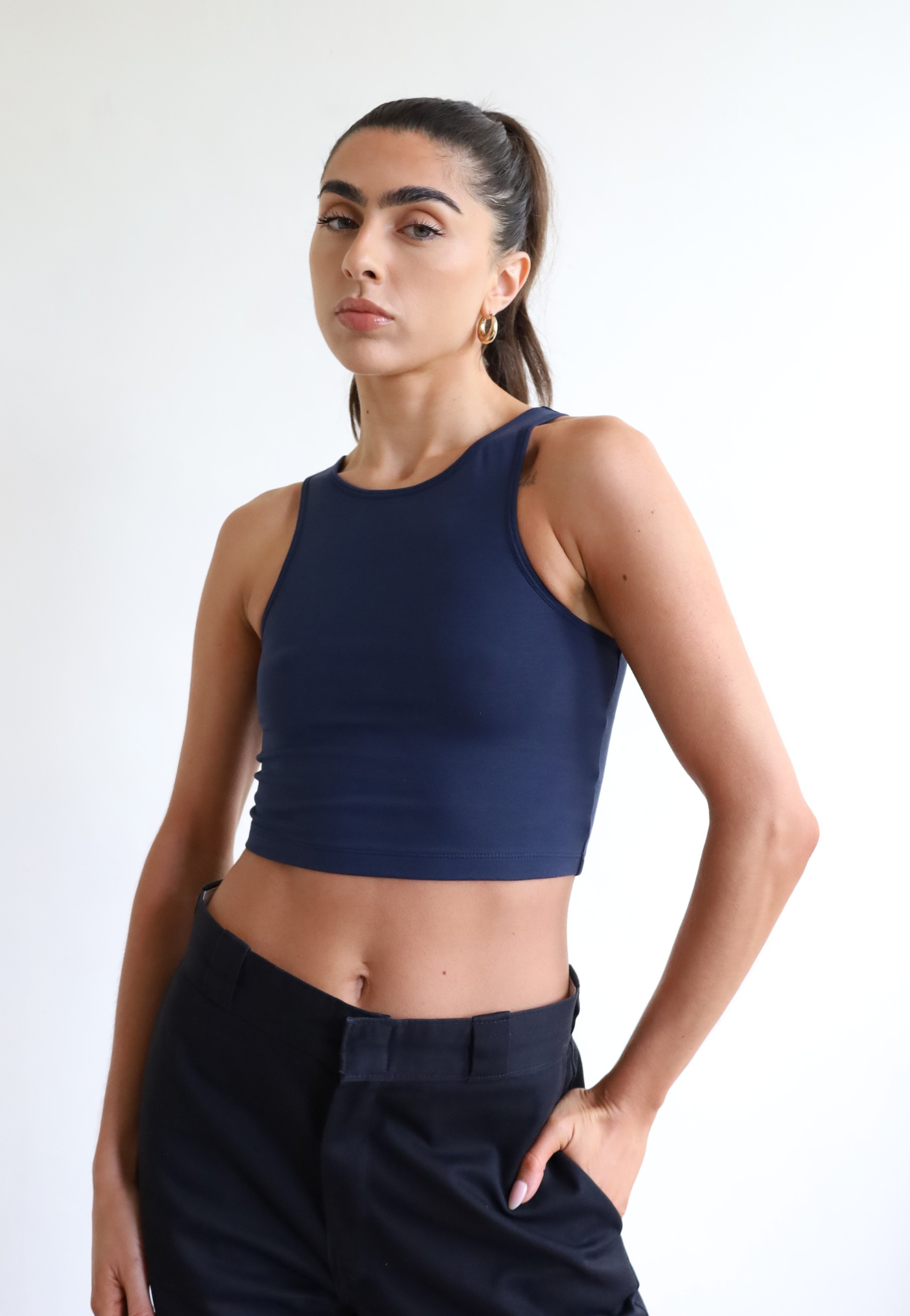 Womens organic cotton high neck cropped tank top, Navy blue