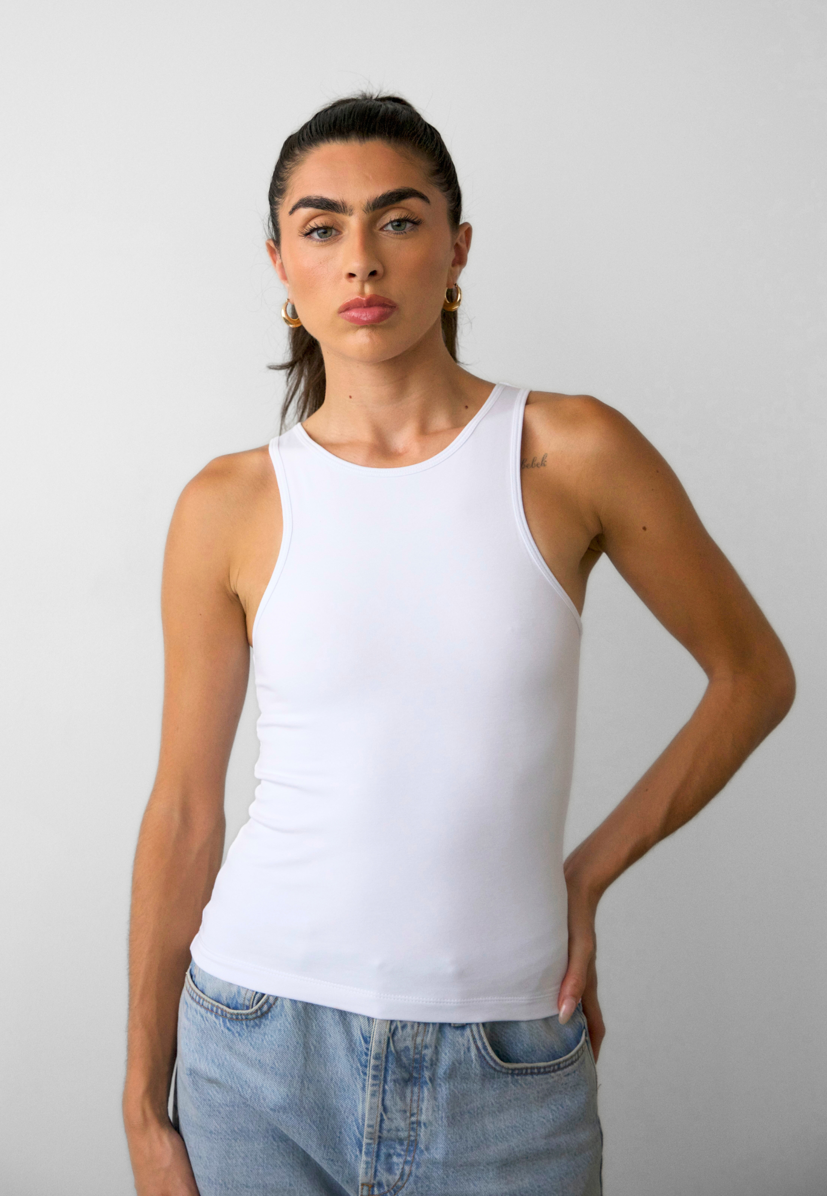 organic cotton full length high neck tank, White, front 