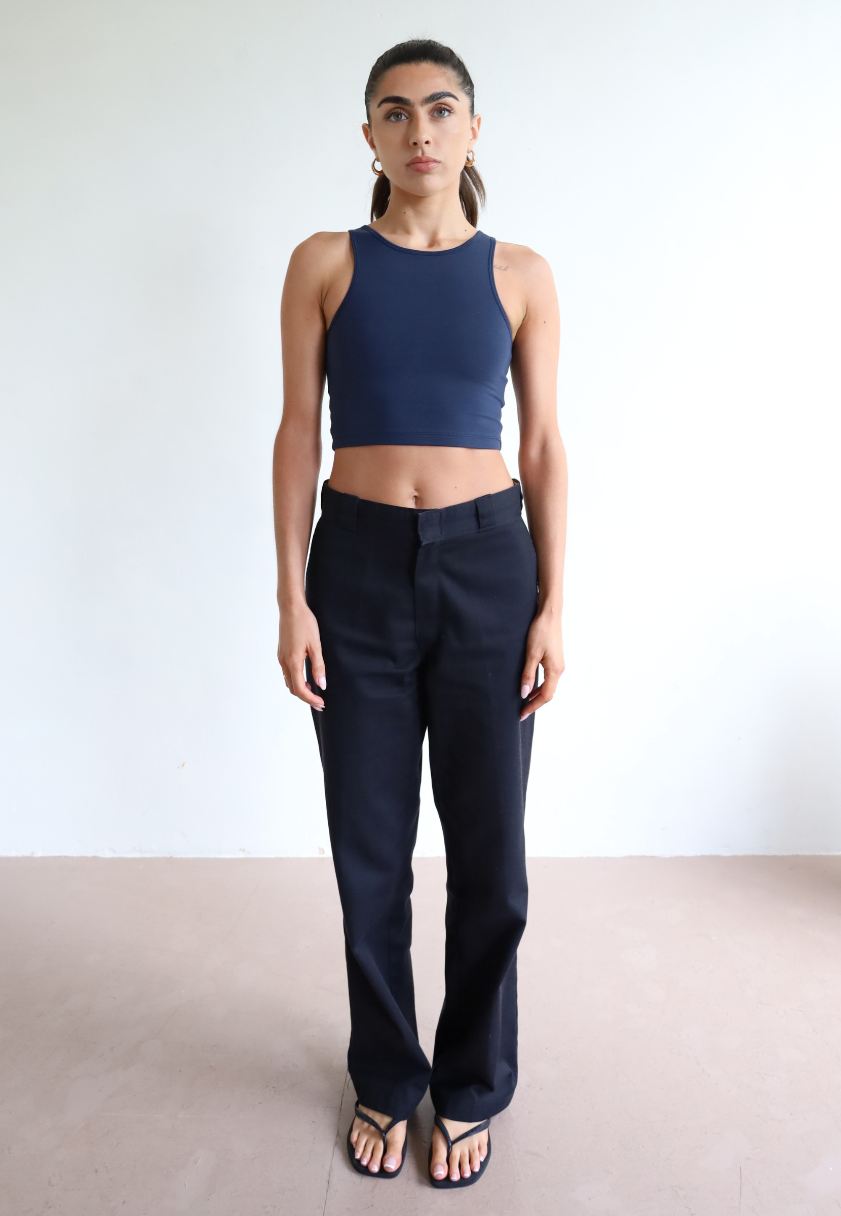 Womens organic cotton high neck cropped tank top, Navy blue