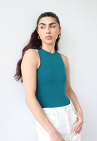 Organic cotton teal sleeveless bodysuit, front