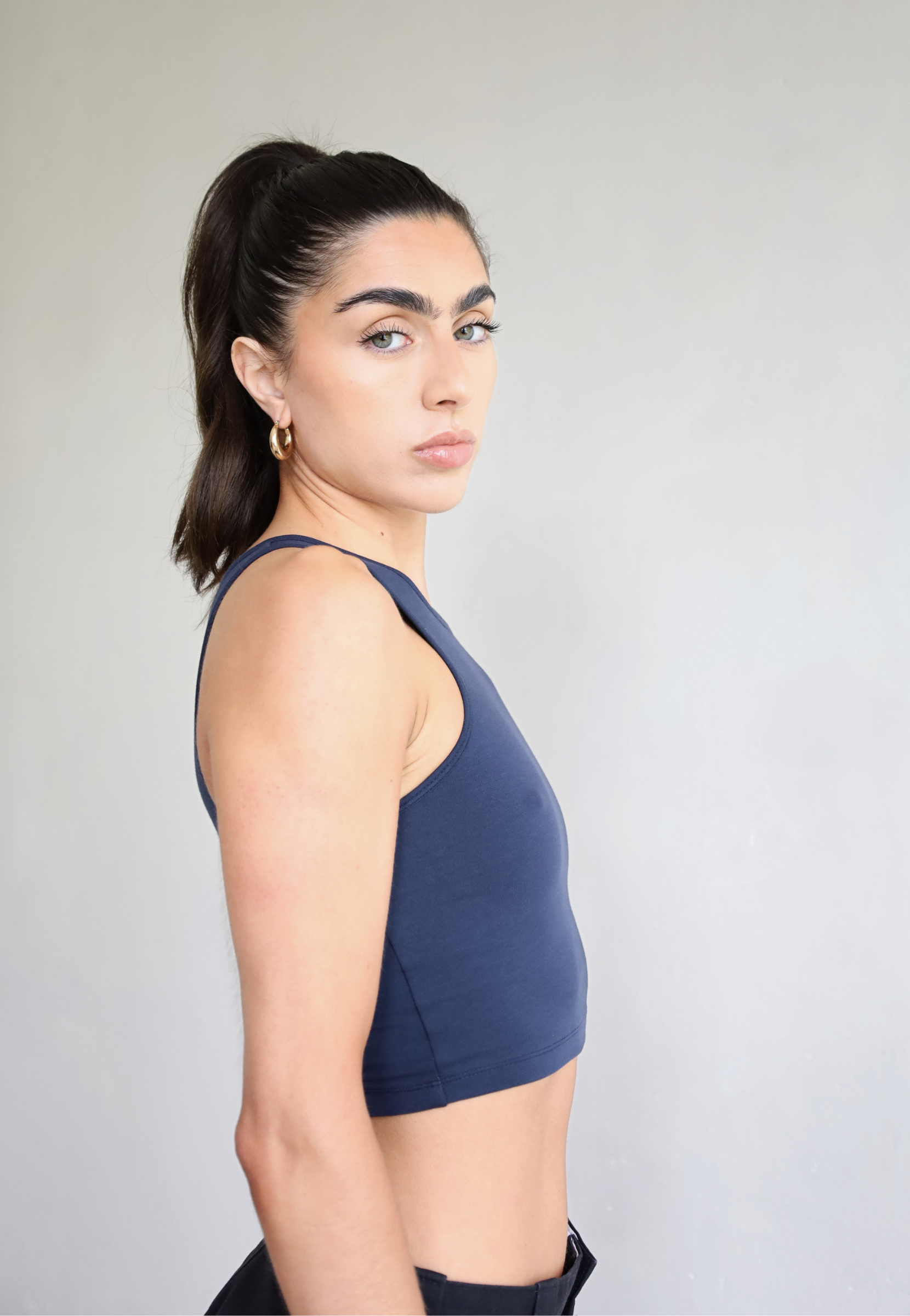 Womens organic cotton high neck cropped tank top, Navy blue
