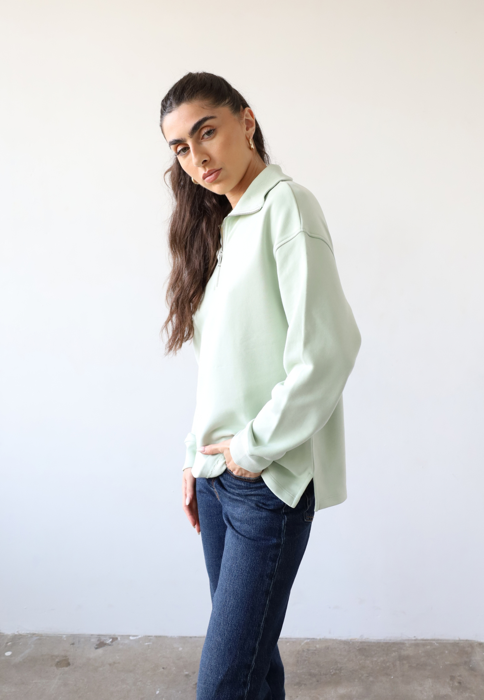 Organic cotton quarter-zip sweatshirt, light green, side 