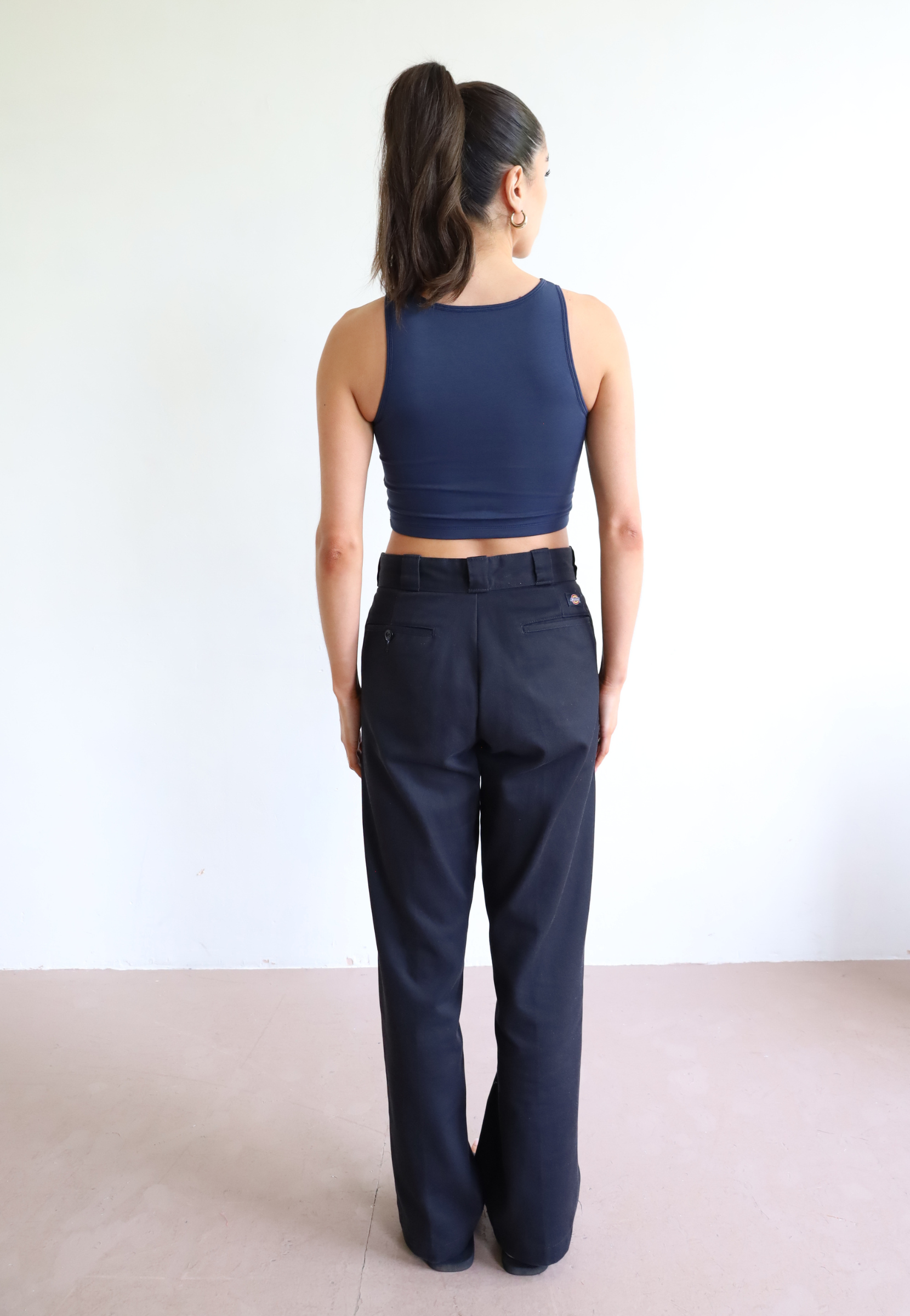 Womens organic cotton high neck cropped tank top, Navy blue