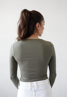 organic cotton long sleeve crew neck t-shirt, olive green, back
