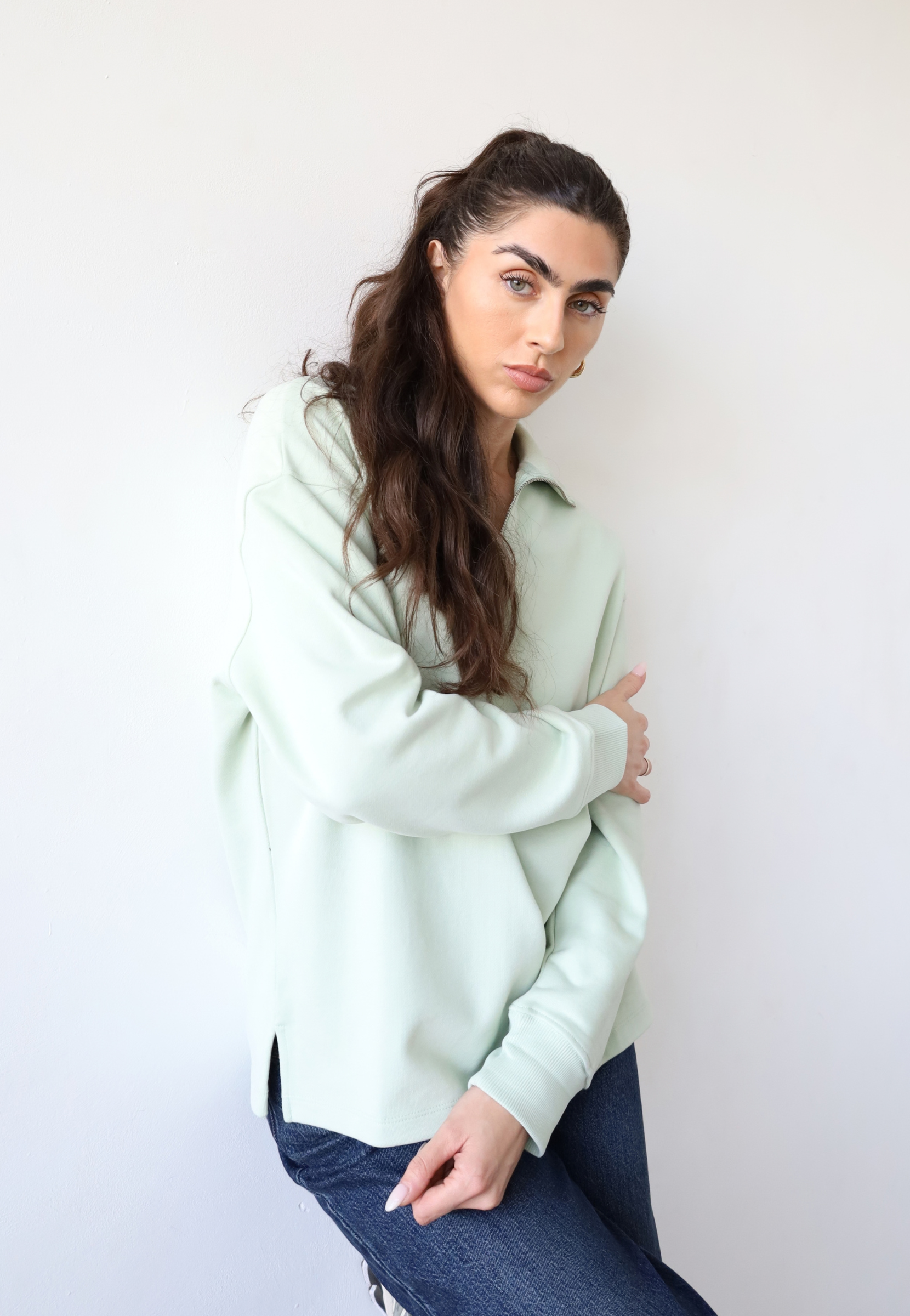 Organic cotton quarter-zip sweatshirt, light green, front