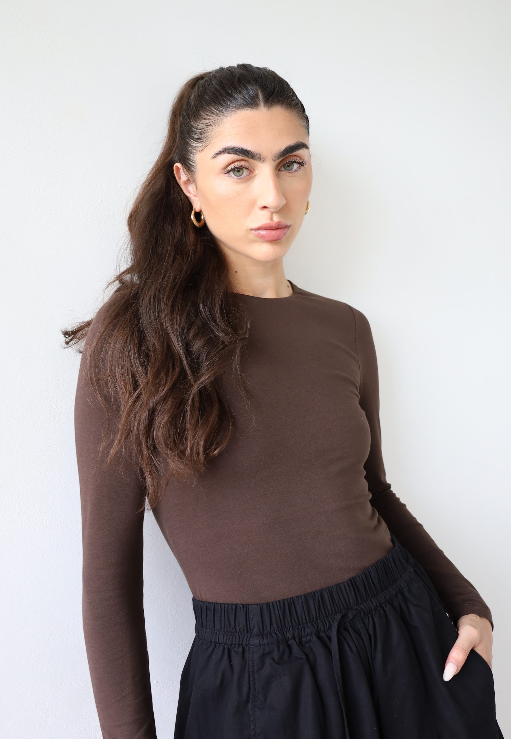 organic cotton long sleeve crew neck t-shirt, dark brown, front
