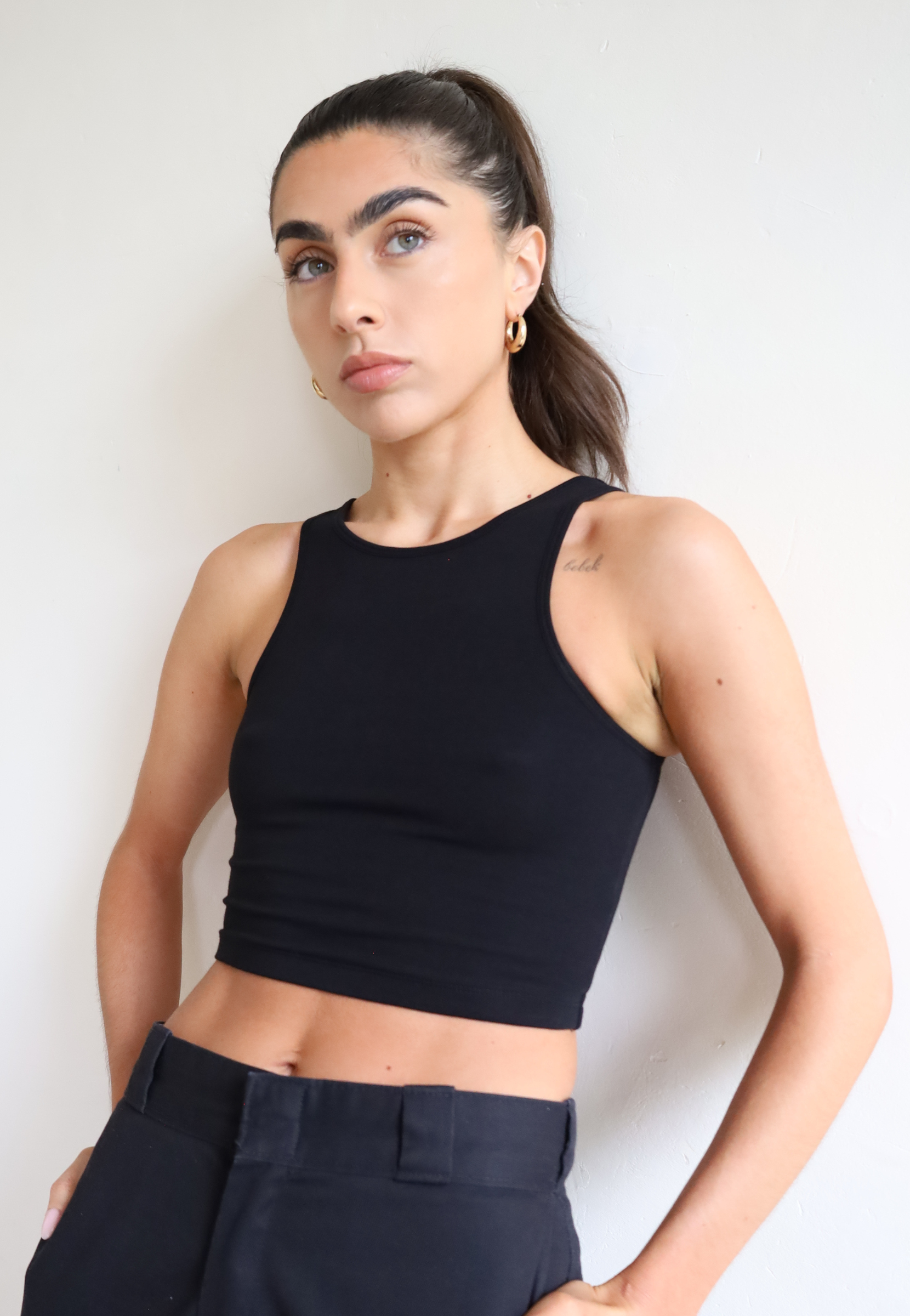 Womens organic cotton high neck cropped tank top, Black, Front