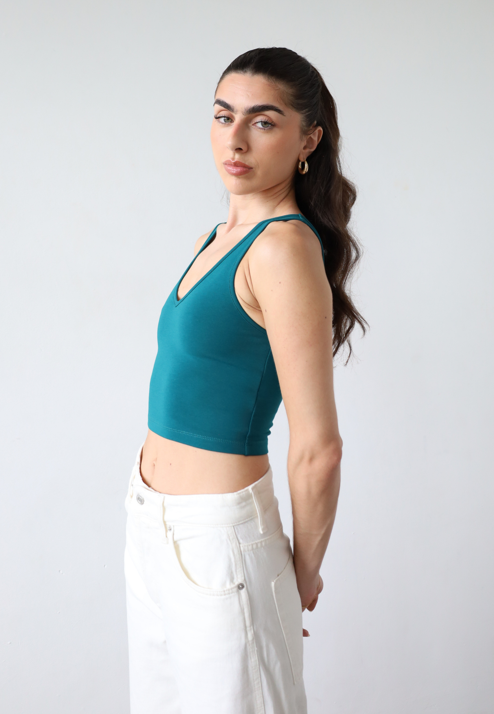 Teal organic cotton v-neck cropped tank top, side 