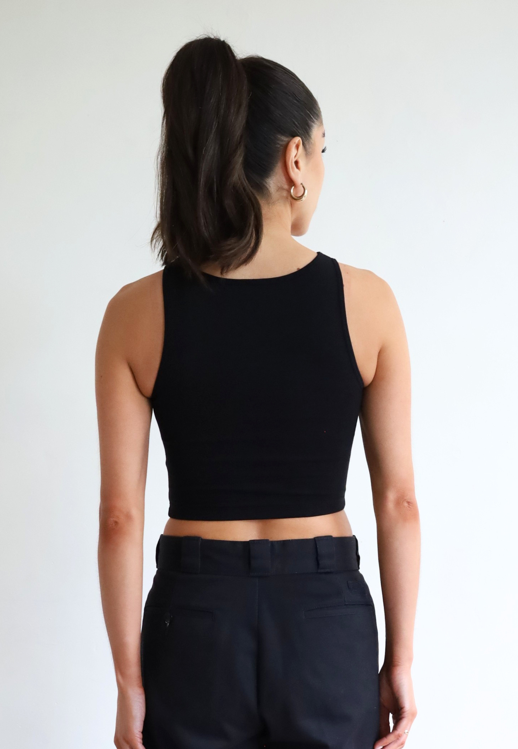 Womens organic cotton high neck cropped tank top, Black, Back