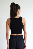 Womens organic cotton high neck cropped tank top, Black, Back