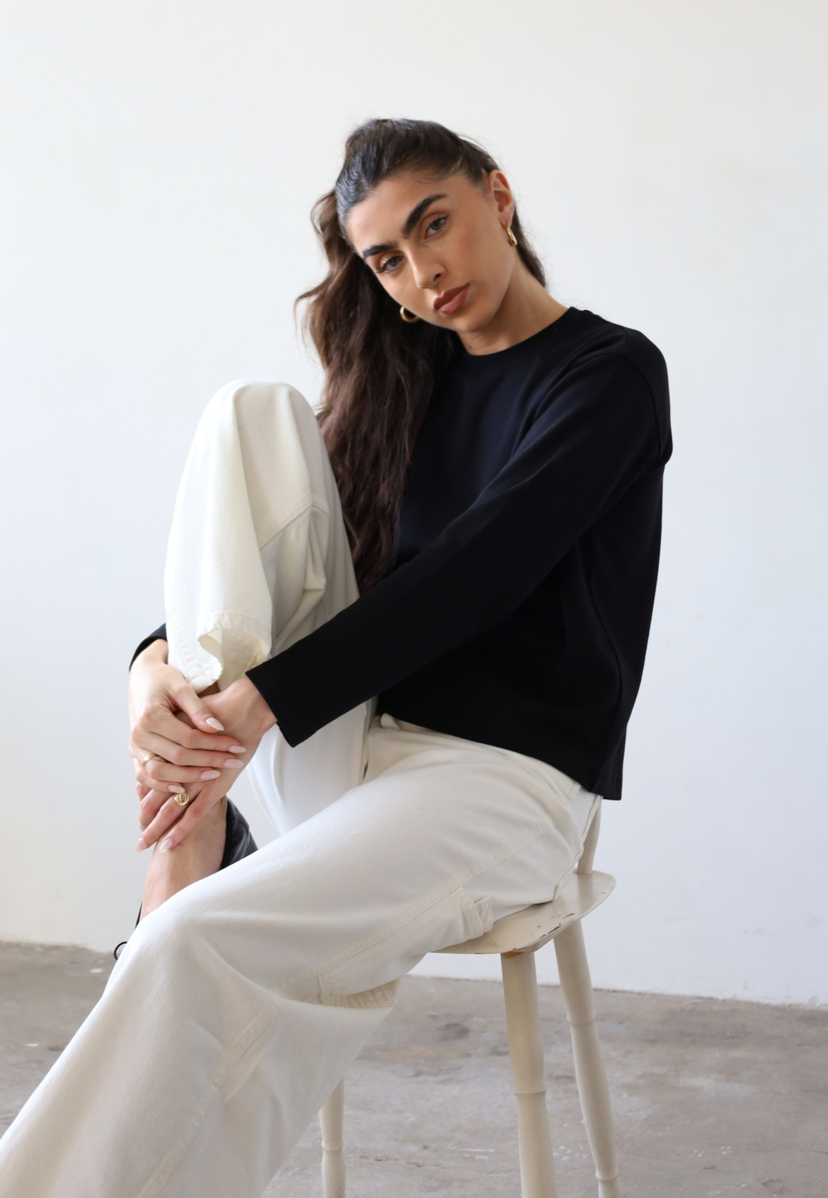 organic cotton long sleeve relaxed fit crew neck t-shirt, black, front