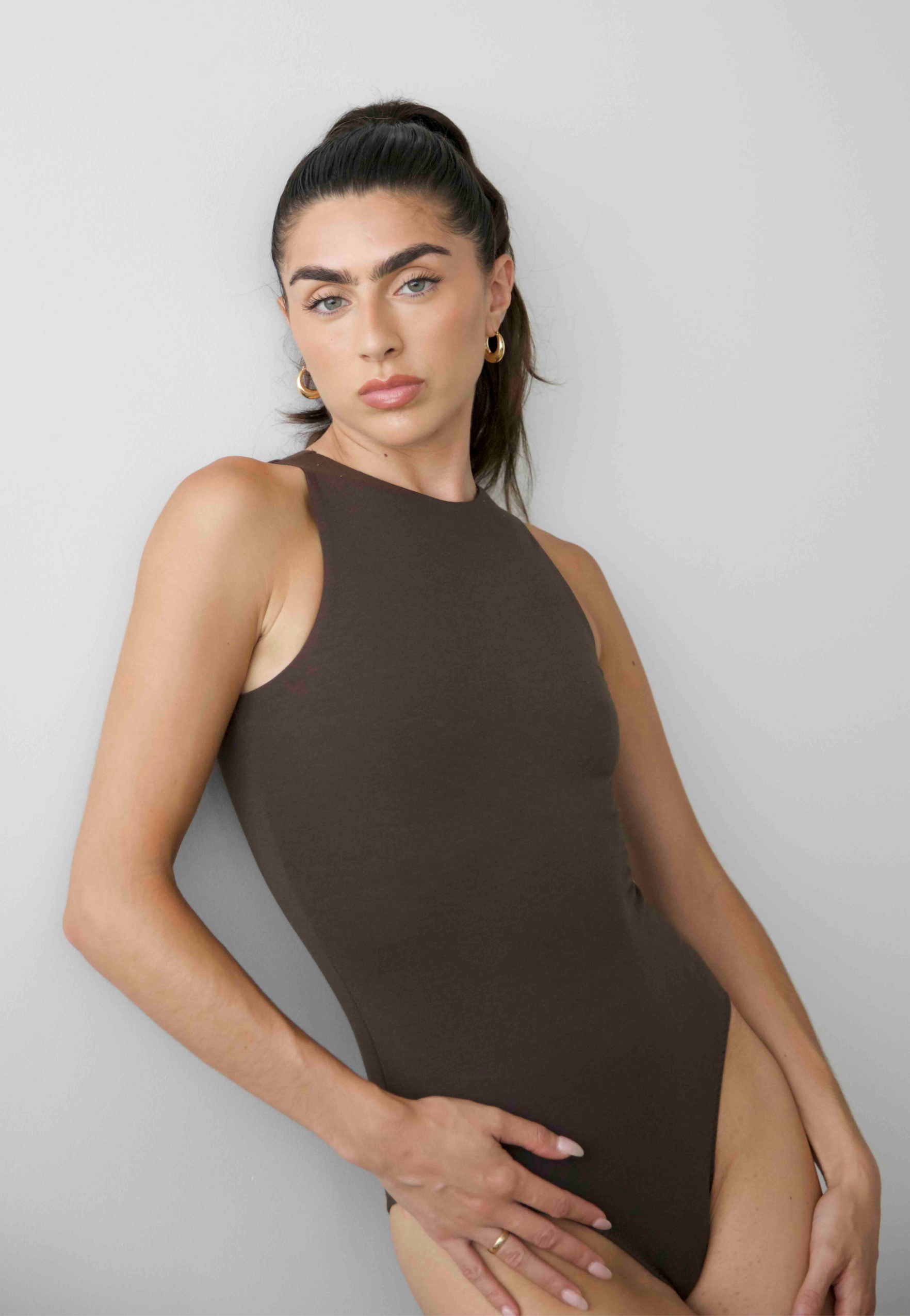 High Neck sleeveless bodysuit, Hot Fudge, Front 