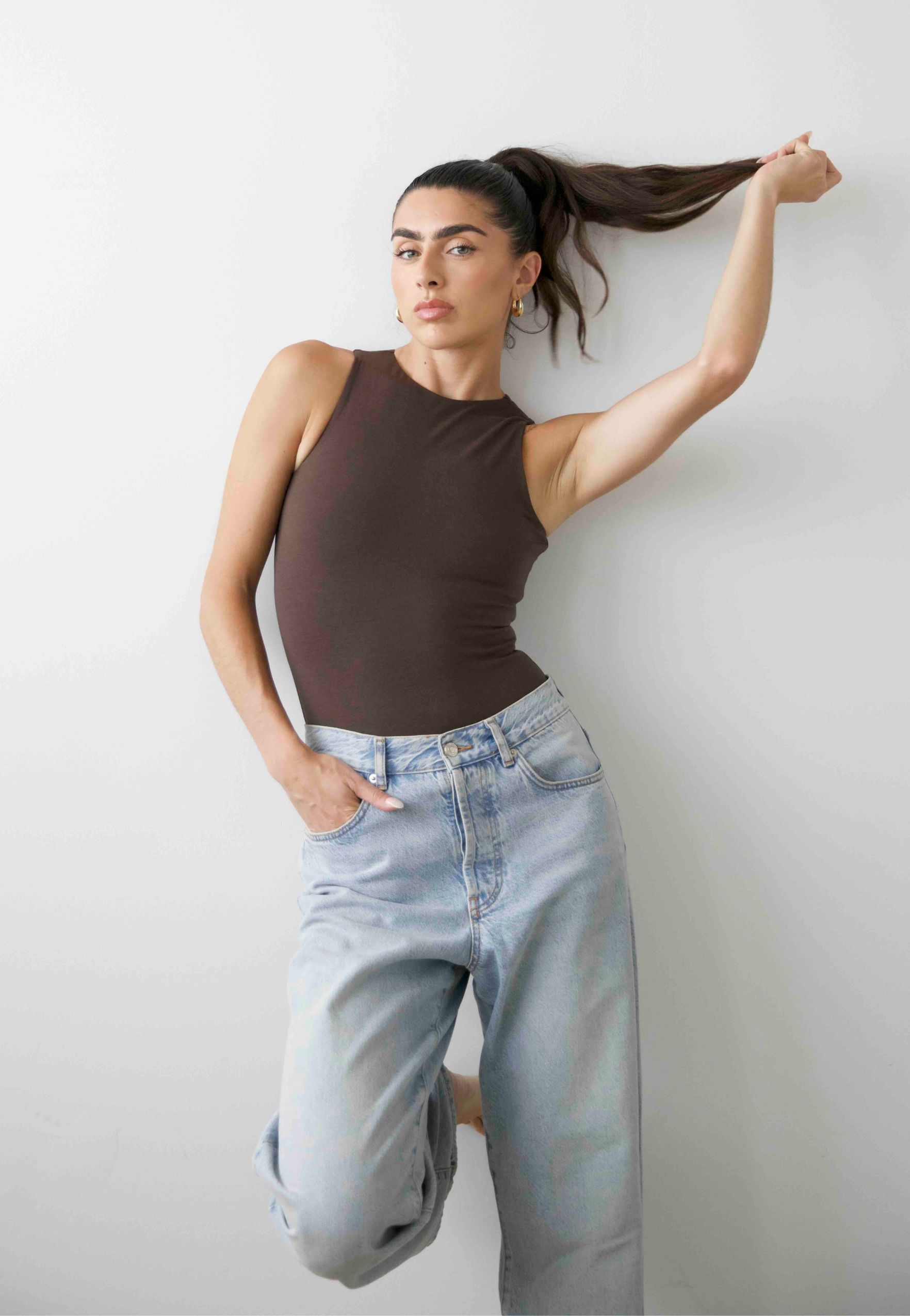 High Neck sleeveless bodysuit, Hot Fudge, Front 