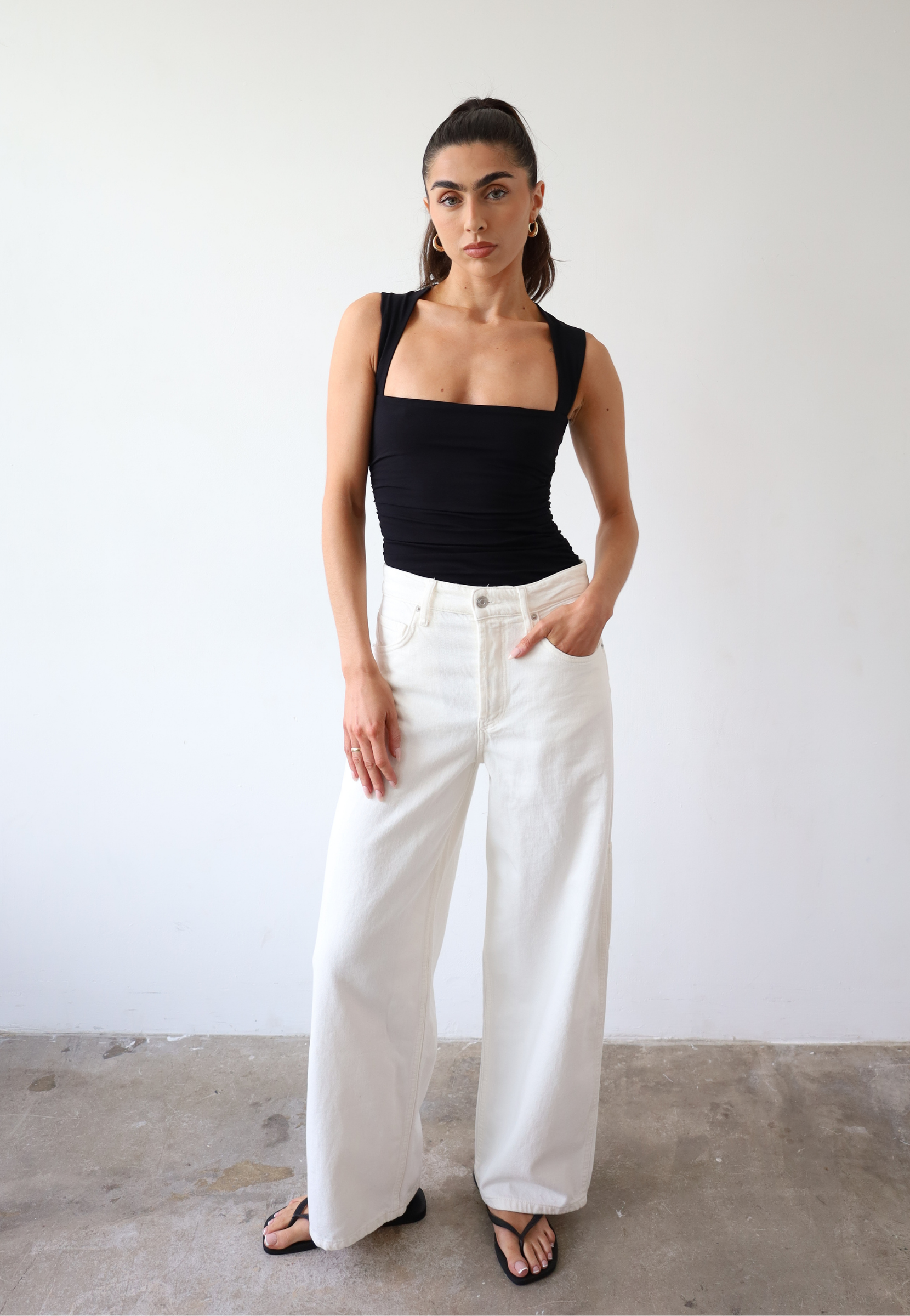 Organic Cotton Ruched Top, Black, Front