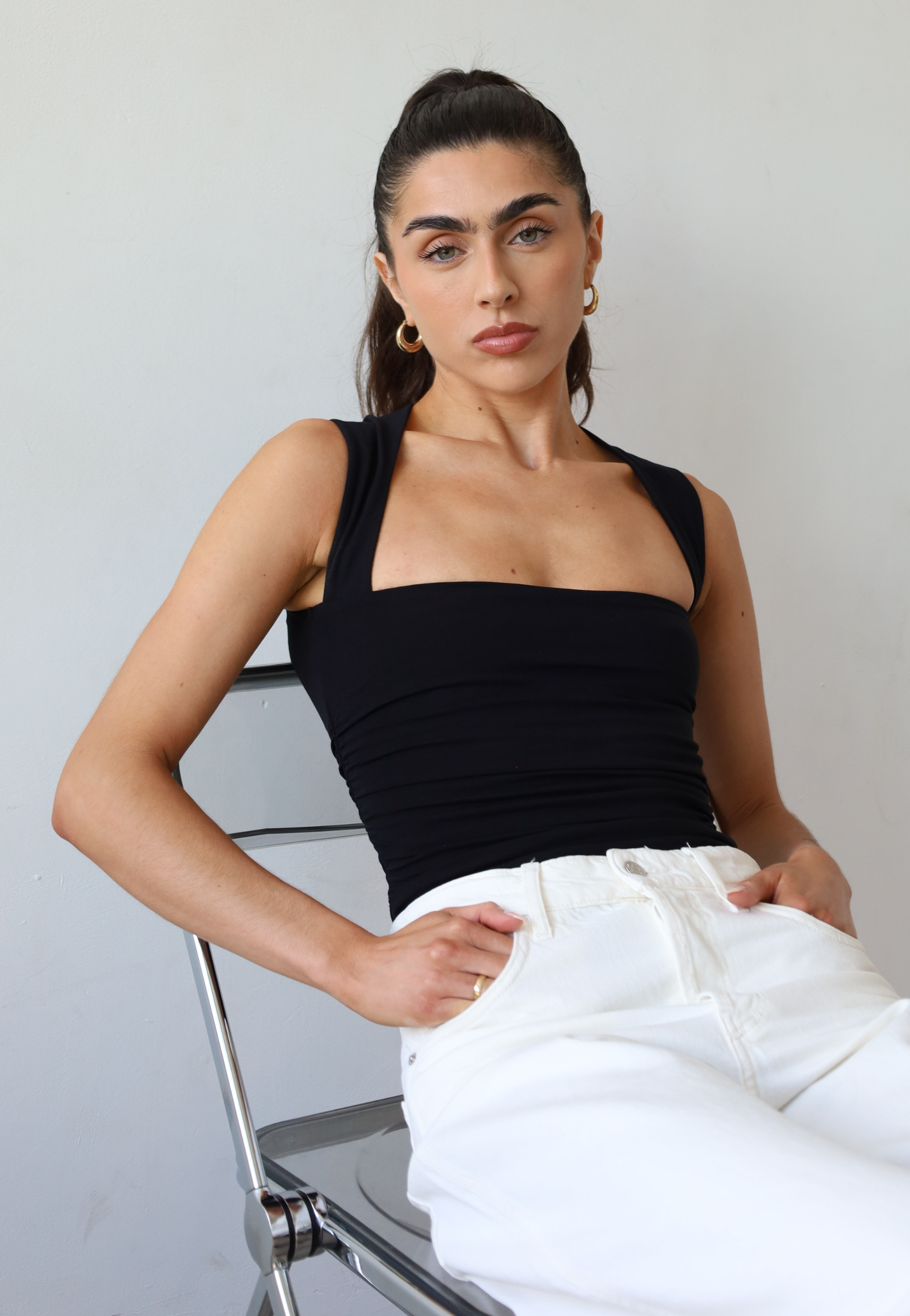 Organic Cotton Ruched Top, Black, Front
