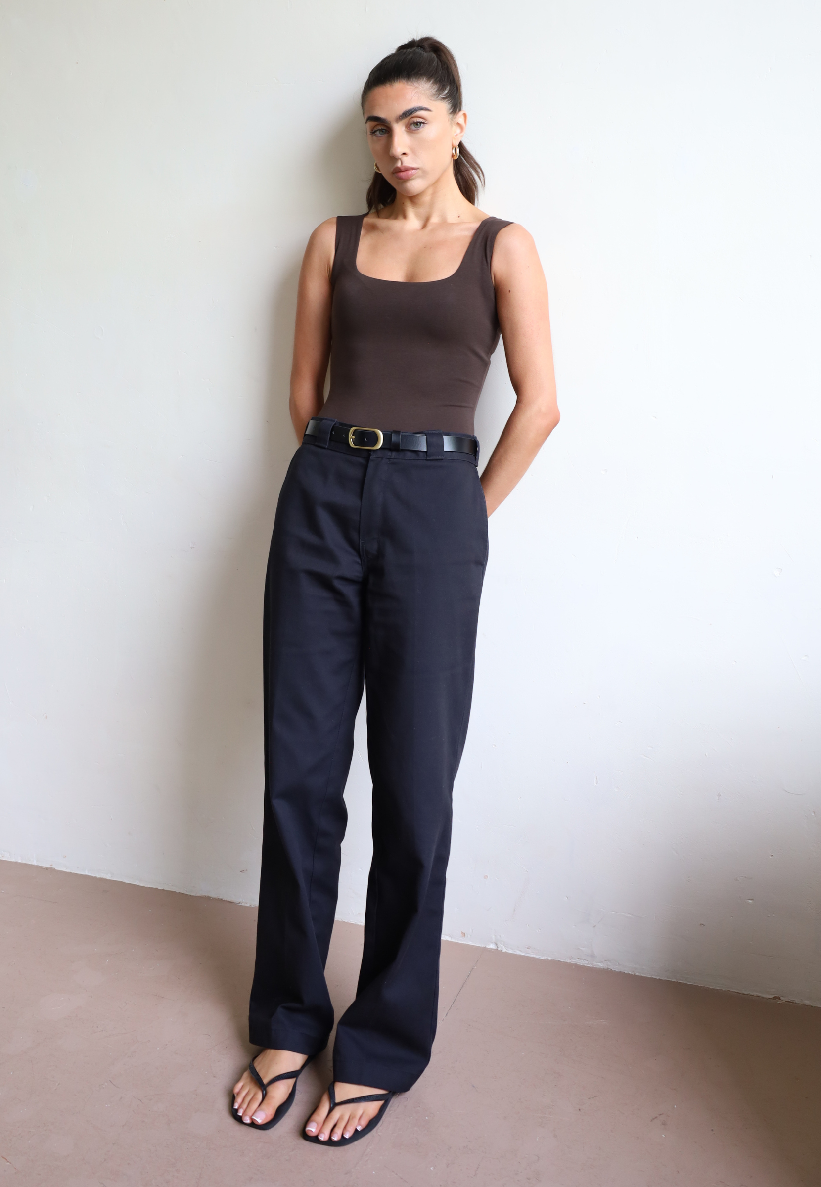 Womens organic cotton square neck sleeveless bodysuit, Brown