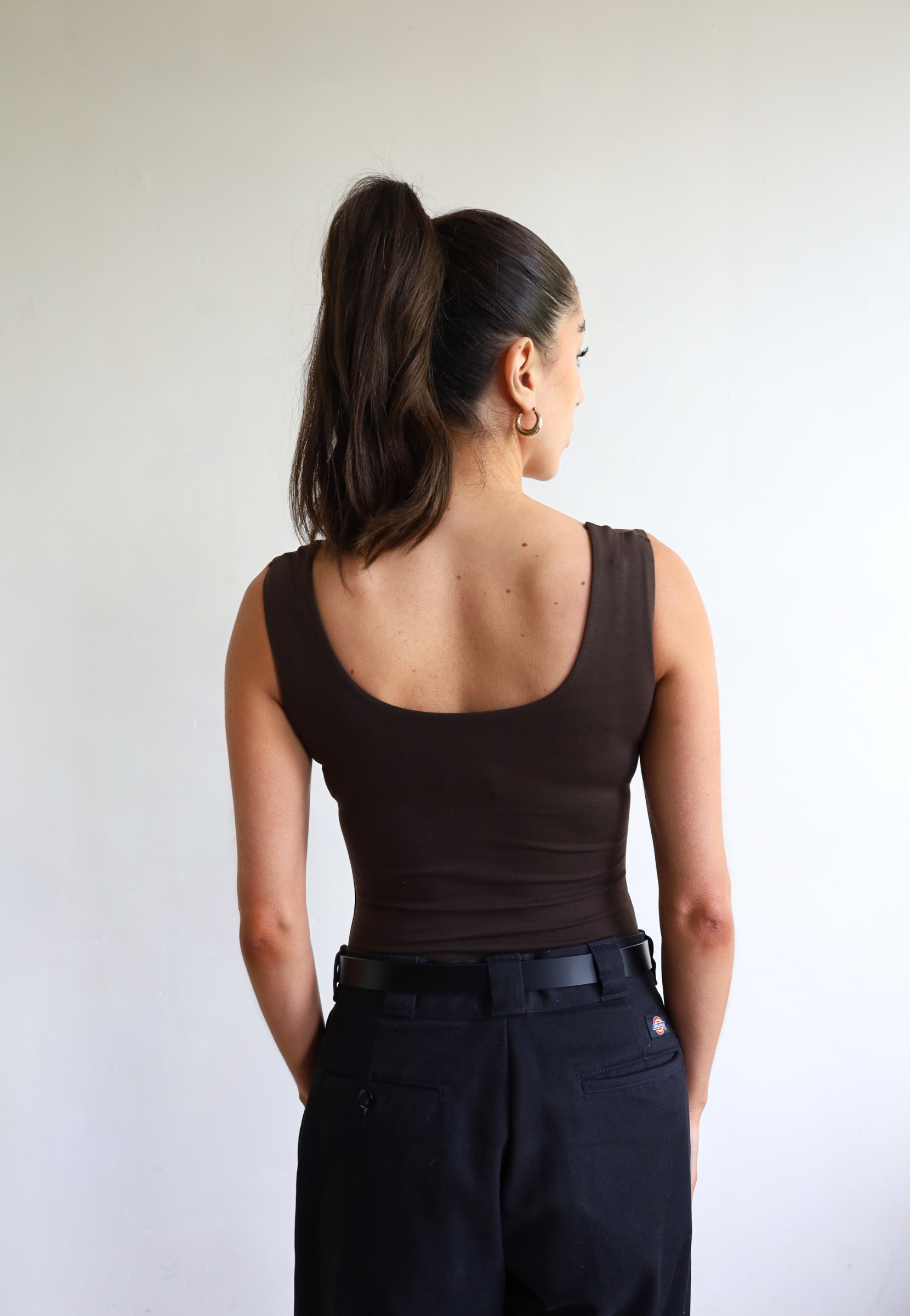 Womens organic cotton square neck sleeveless bodysuit, Brown