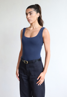 Womens organic cotton square neck sleeveless bodysuit, Navy Blue