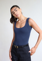 Womens organic cotton square neck sleeveless bodysuit, Navy Blue