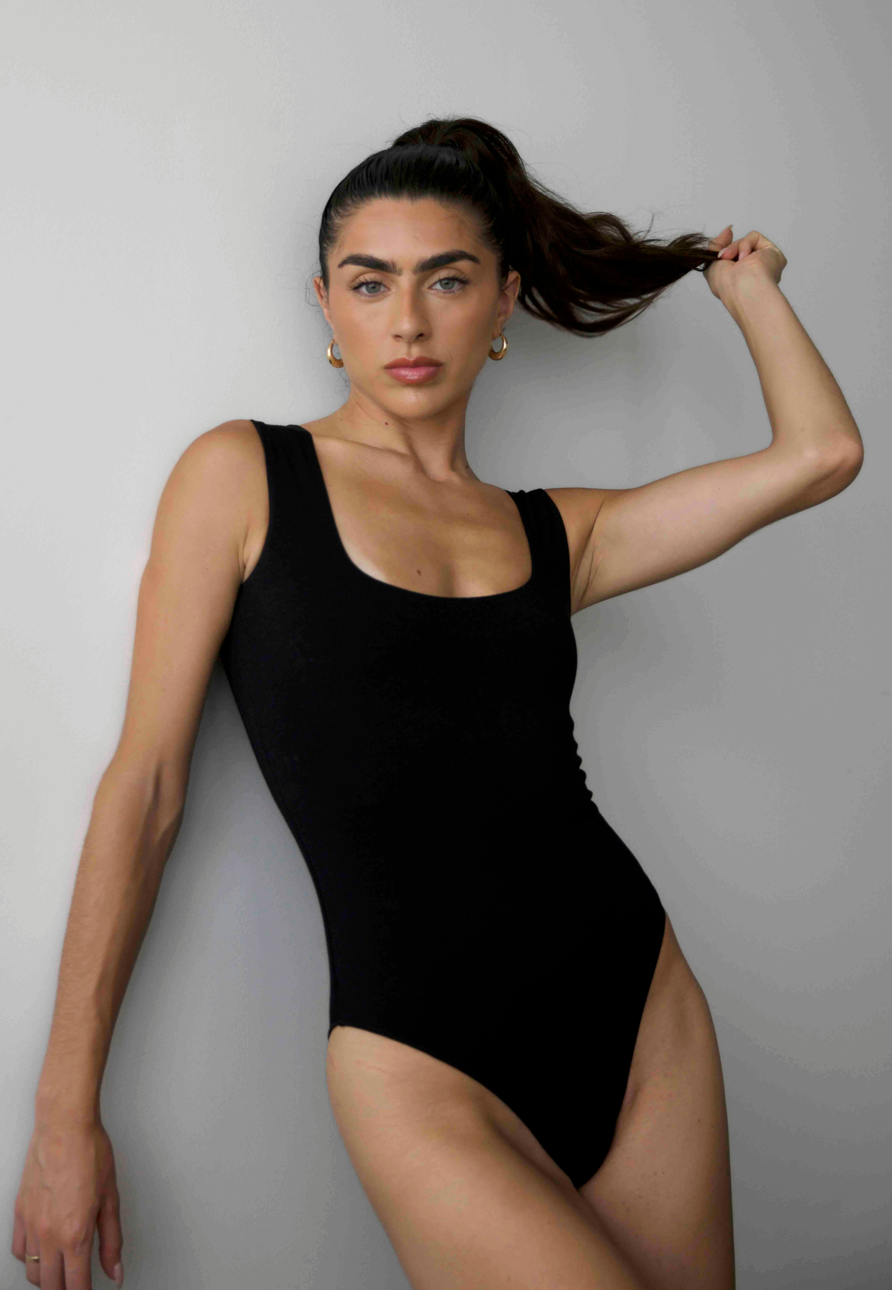 Square Neck Sleeveless bodysuit, Black, Front 